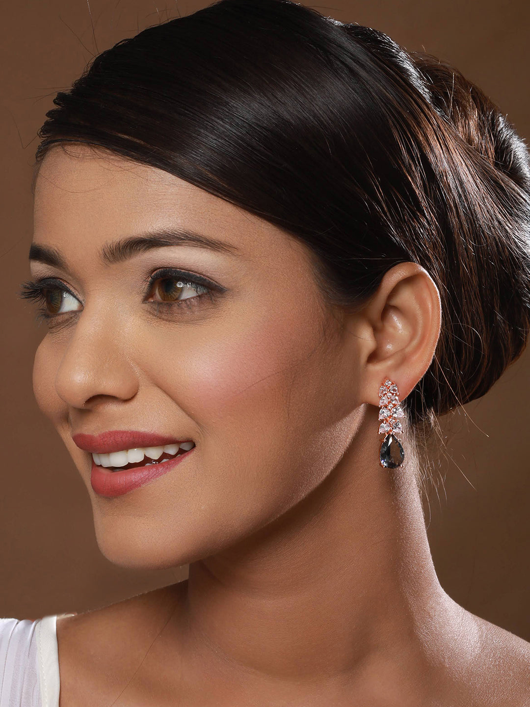 Rose Gold-Plated & Grey Ad-Studded Handcrafted Teardrop Drop Earrings