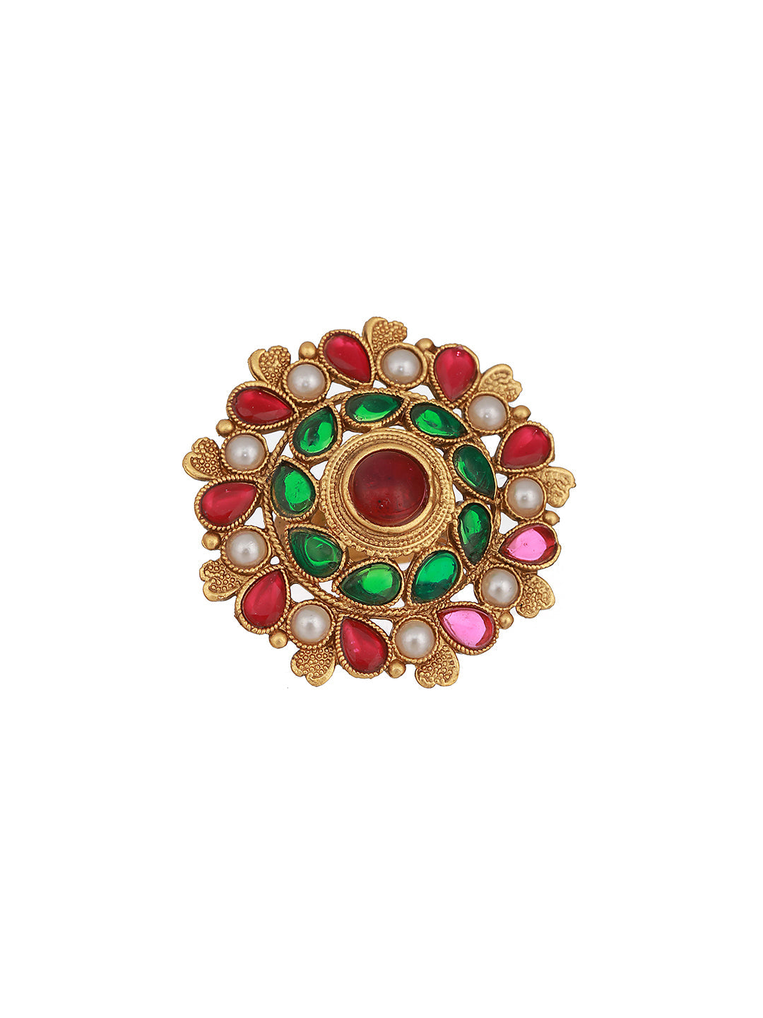 Gold Plated Stone Studded & Beaded Adjustable Finger Ring
