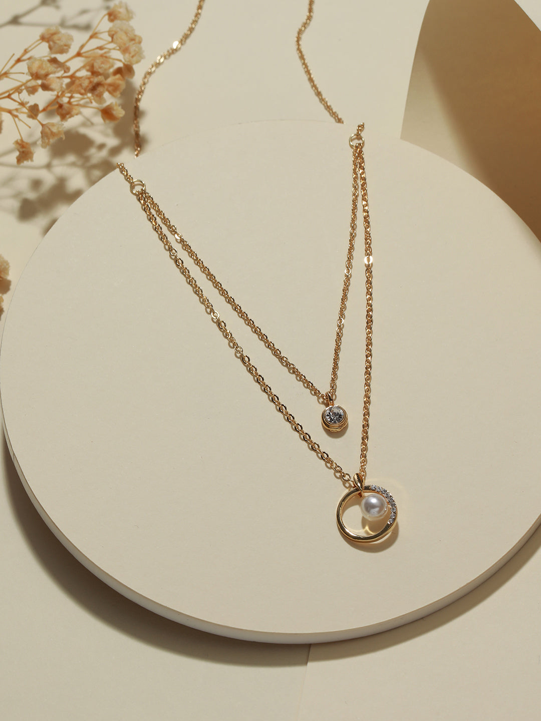 Gold-Plated Cubic Zirconia & Pearl Studed Layered Chain