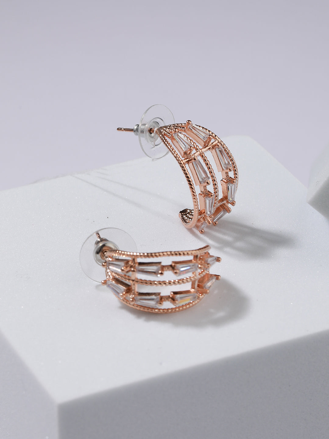 Rose Gold-Plated Cubic Zirconia Studded Half Hoop Earrings