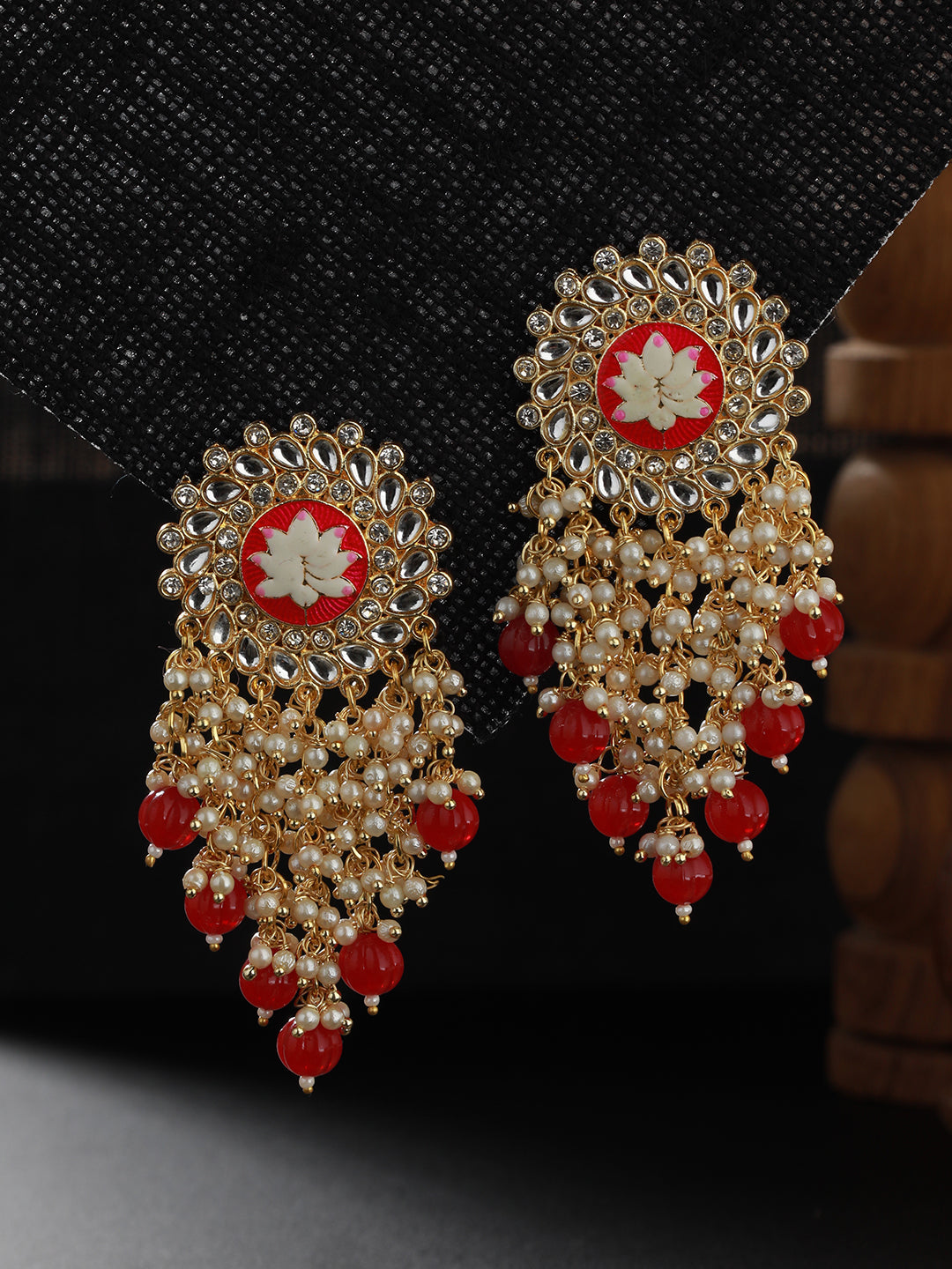 Maroon Gold Plated &Cz Studded & Beaded Meenakari Drop Earrings