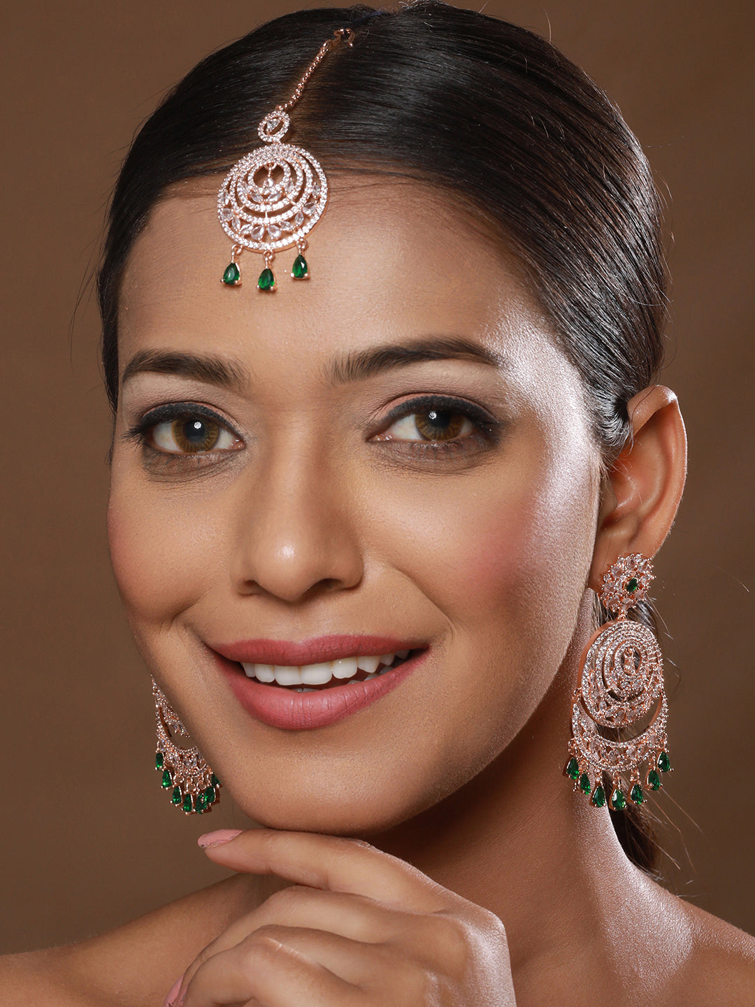 Rosegold-Plated Green American Diamond Studded Maang Tikka And Earrings Set
