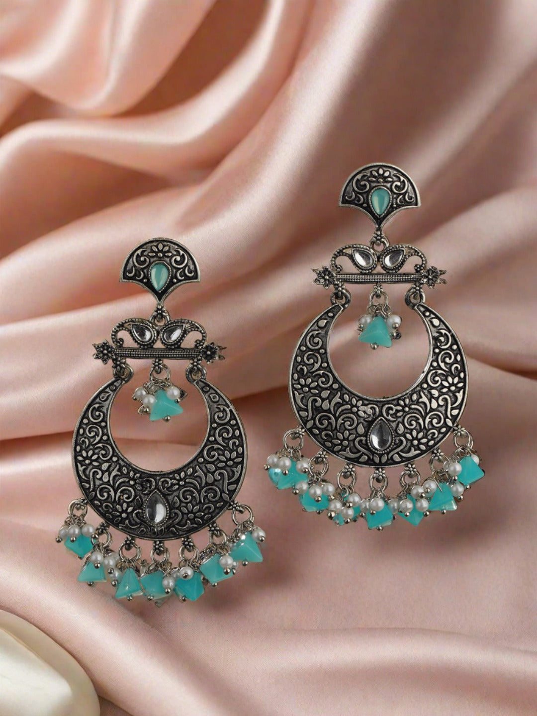 Oxidised Silver-Toned & Blue Stone Studded Chandbali Earrings