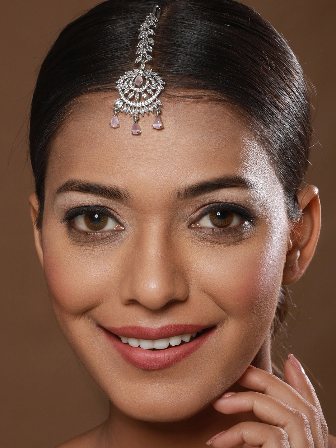 Rhodium-Plated Pink & White Ad Studded Maang Tikka