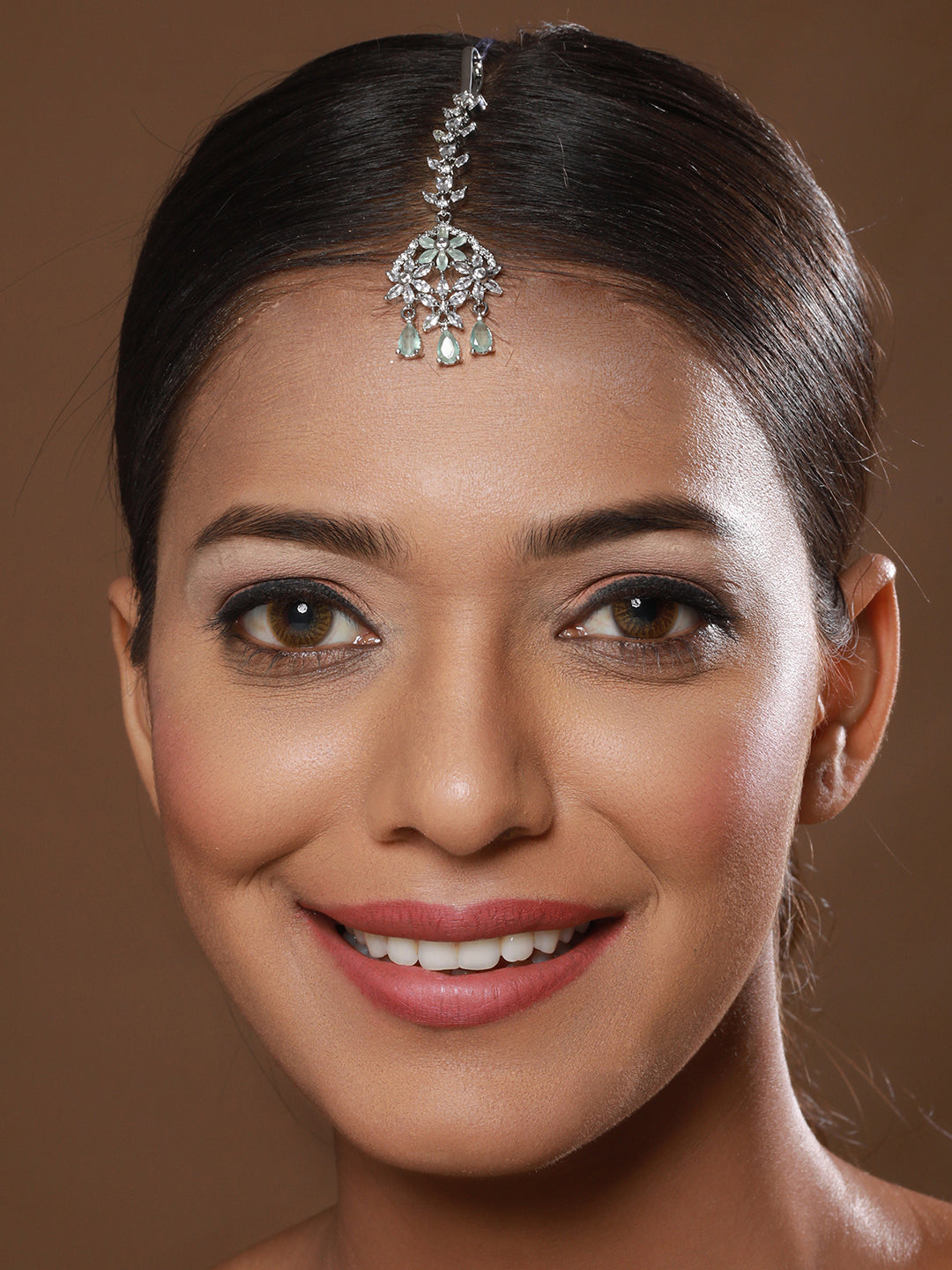 Rhodium-Plated Pink & White Ad Studded Maang Tikka