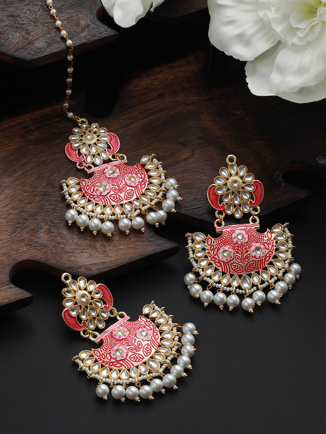 Gold-Plated Meenakari Kundan-Studded & Beaded Maangtikka With Earrings