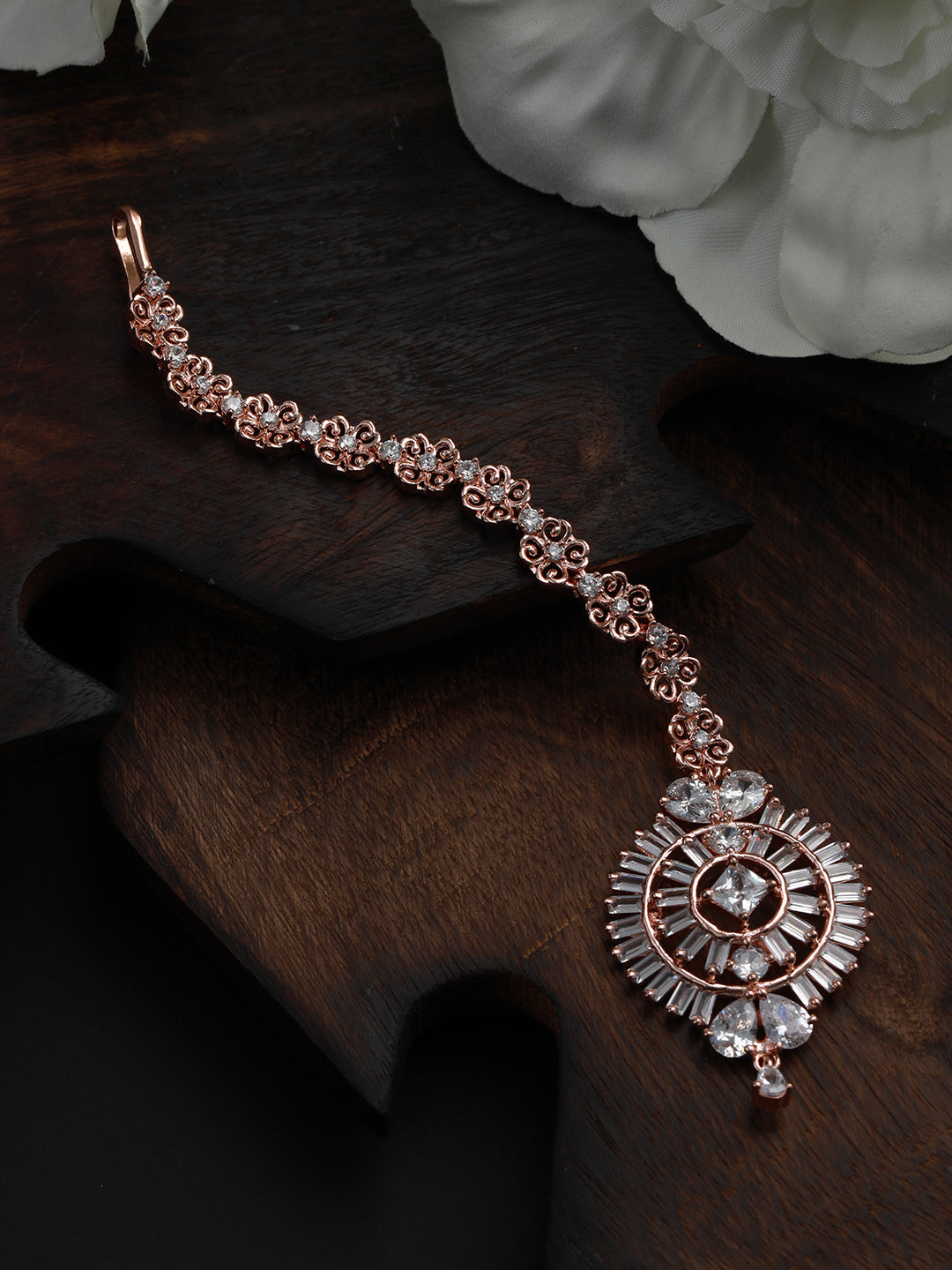 Rose Gold-Plated Ad-Studded Circular Handcrafted Maang Tika