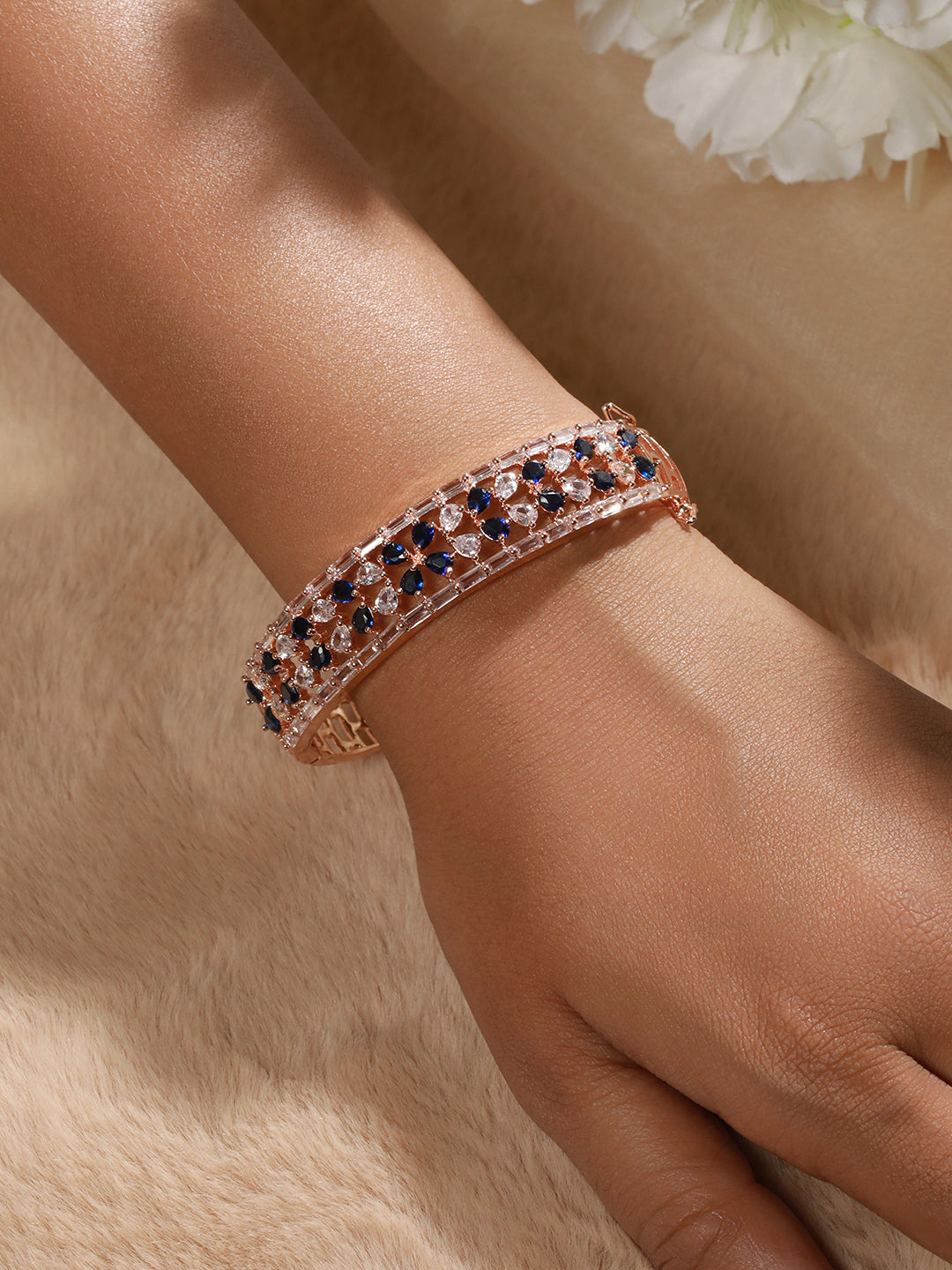 Rose Gold Plated & Blue American Diamond Studded Bangle Style Bracelet