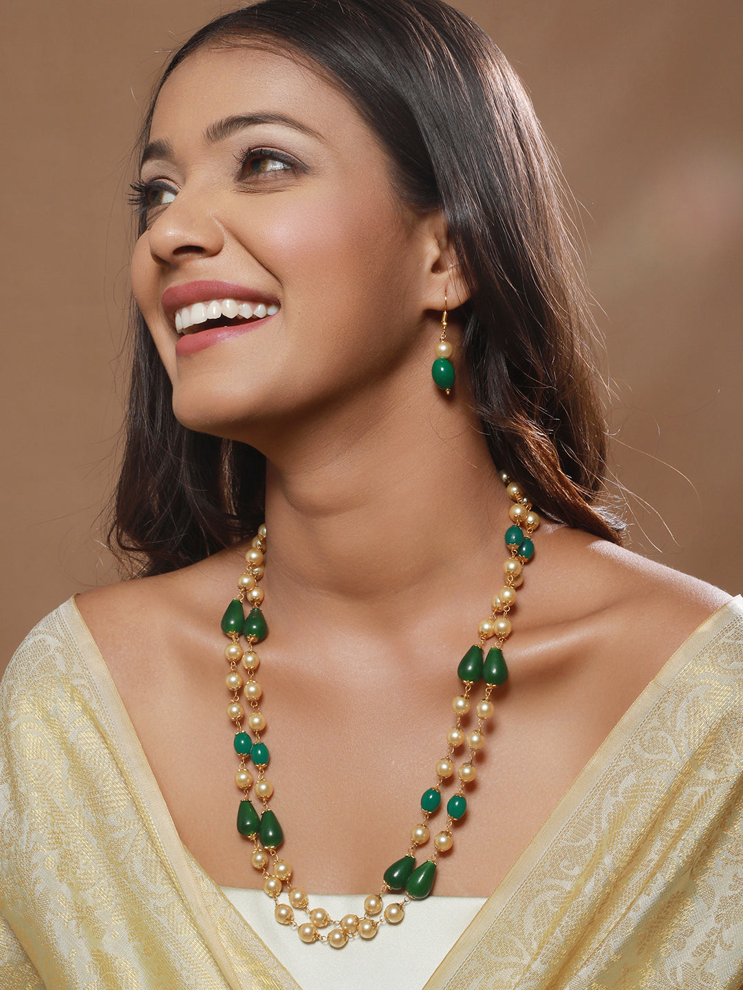 Gold-Plated Beaded Layered Necklace & Earrings