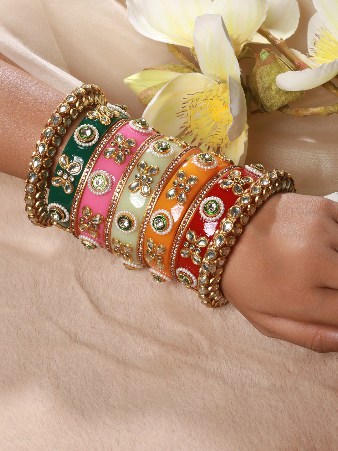 Set Of 22 Gold-Plated Kundan-Studded Meenakari Multicolor Bangles