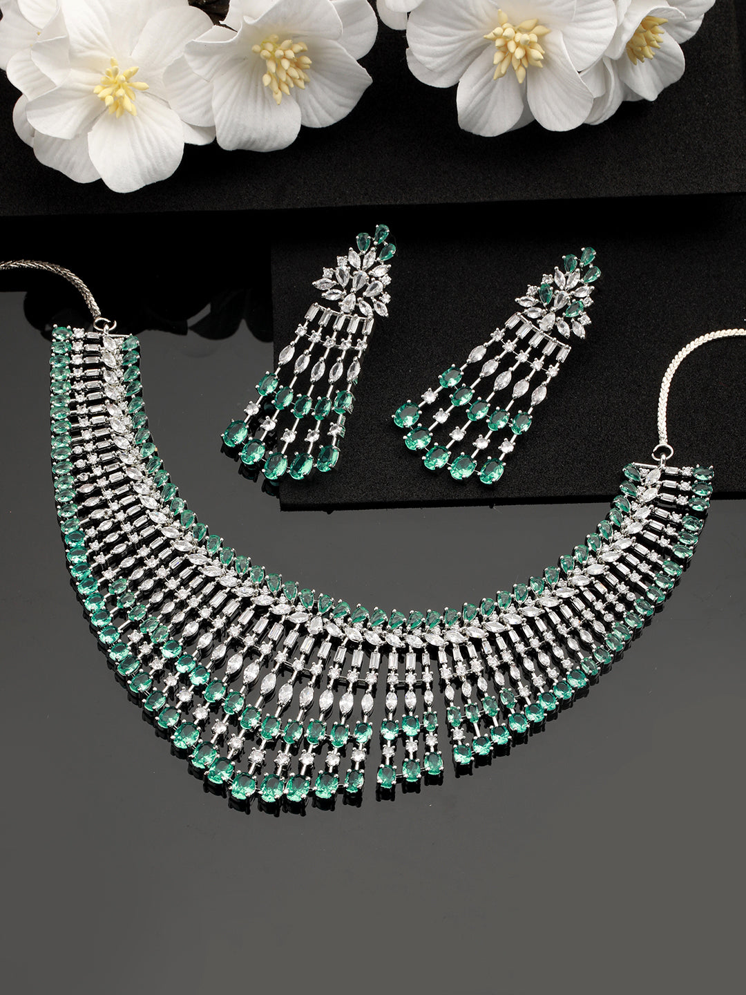 Silver-Plated Ad Stone-Studded Layered Jewellery Set