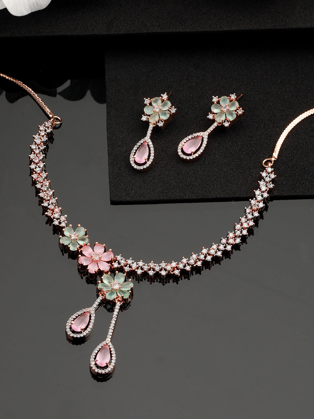 Rose Gold-Plated Ad-Studded & Beaded Jewellery Set