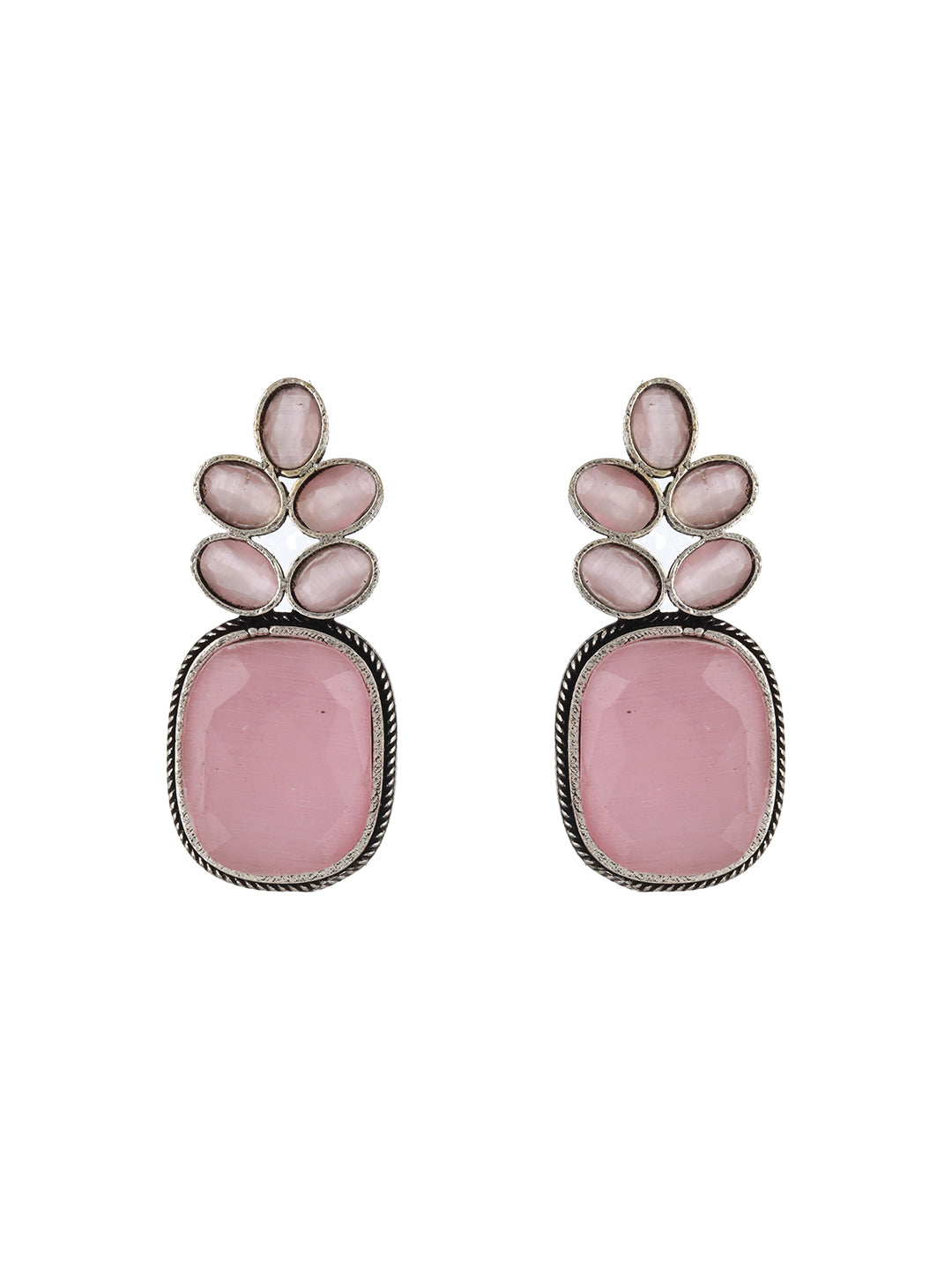 Silver-Plated Pink Contemporary Stone Studded Drop Earrings