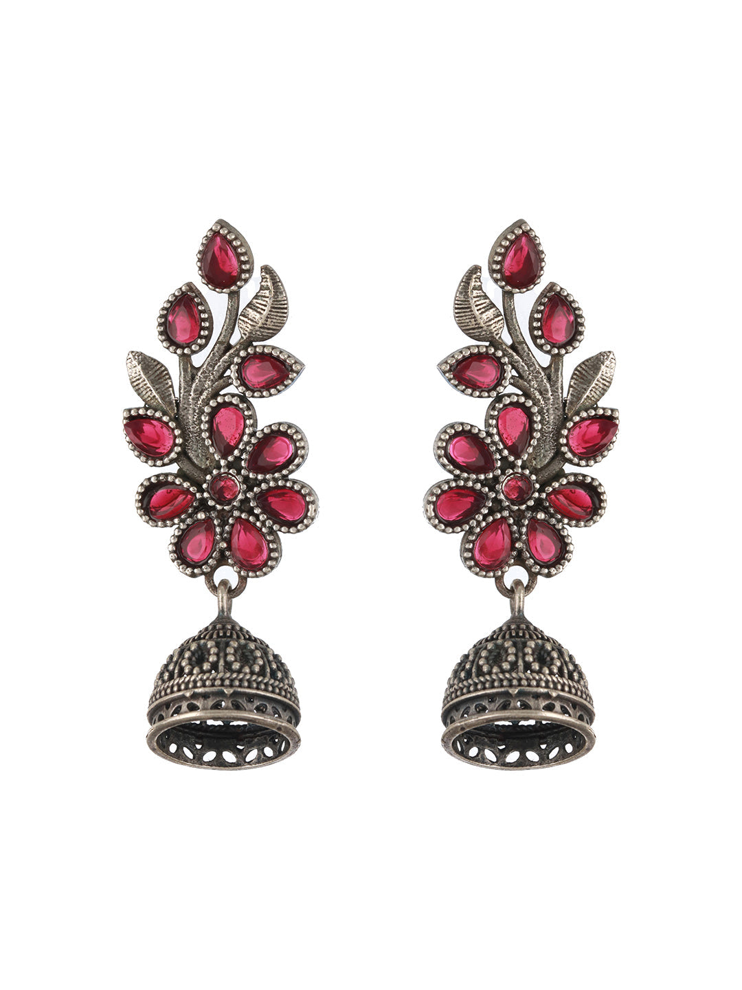 Silver Plated Red Stone Studded Leaf Shaped Oxidised Drop Earrings