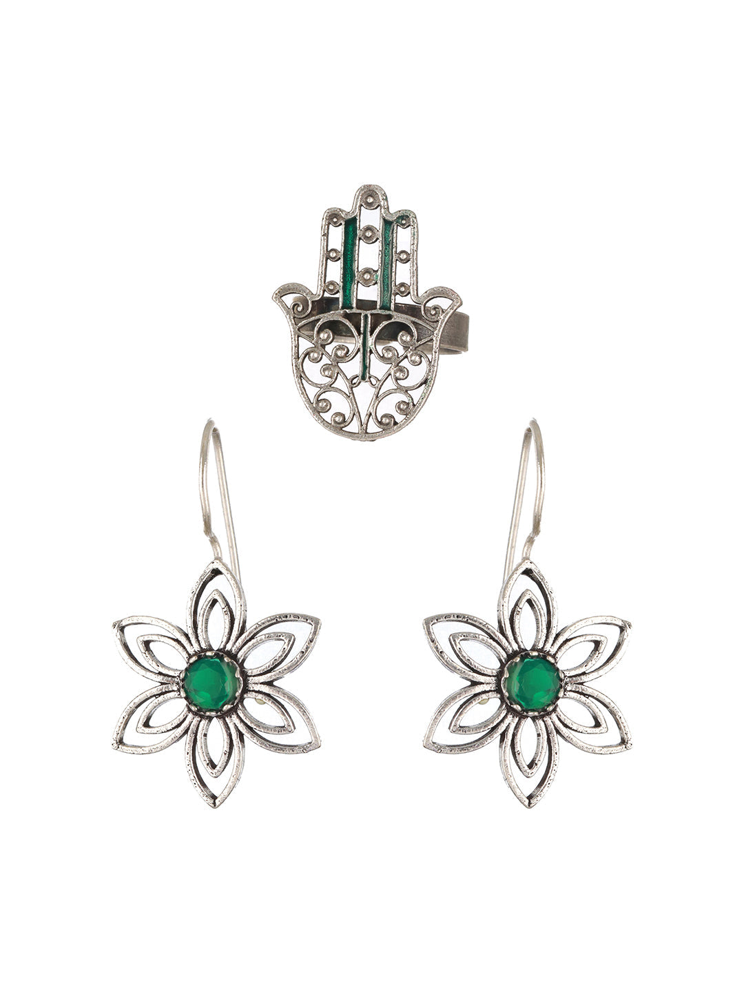 Set Of 2 Floral Shaped & Green Stone Studded Drop Earrings With Hamza Adjustable Ring