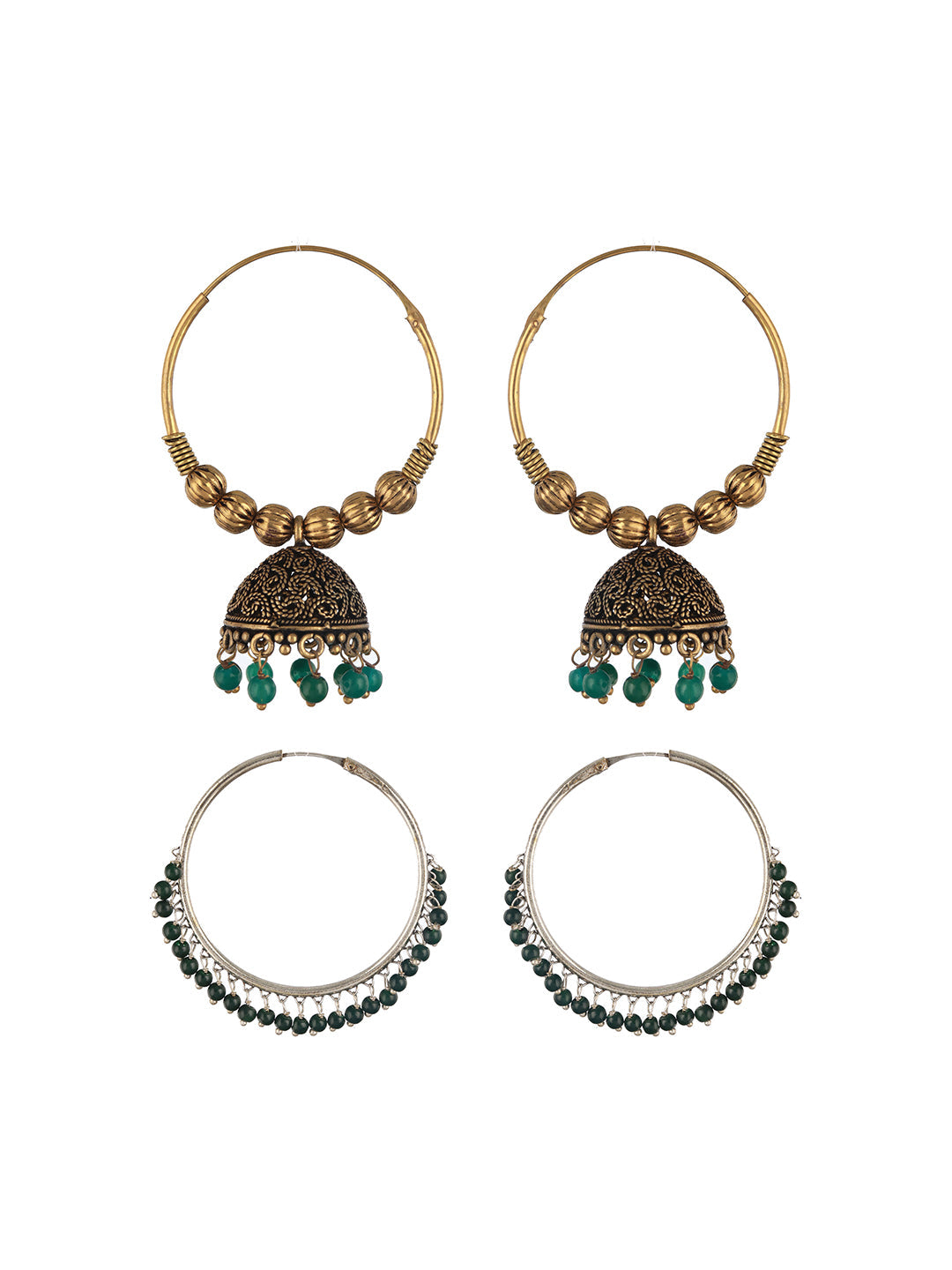 Set Of 2 Gold Plated & Green Pear Beaded Circular Shapes Hoop Earrings