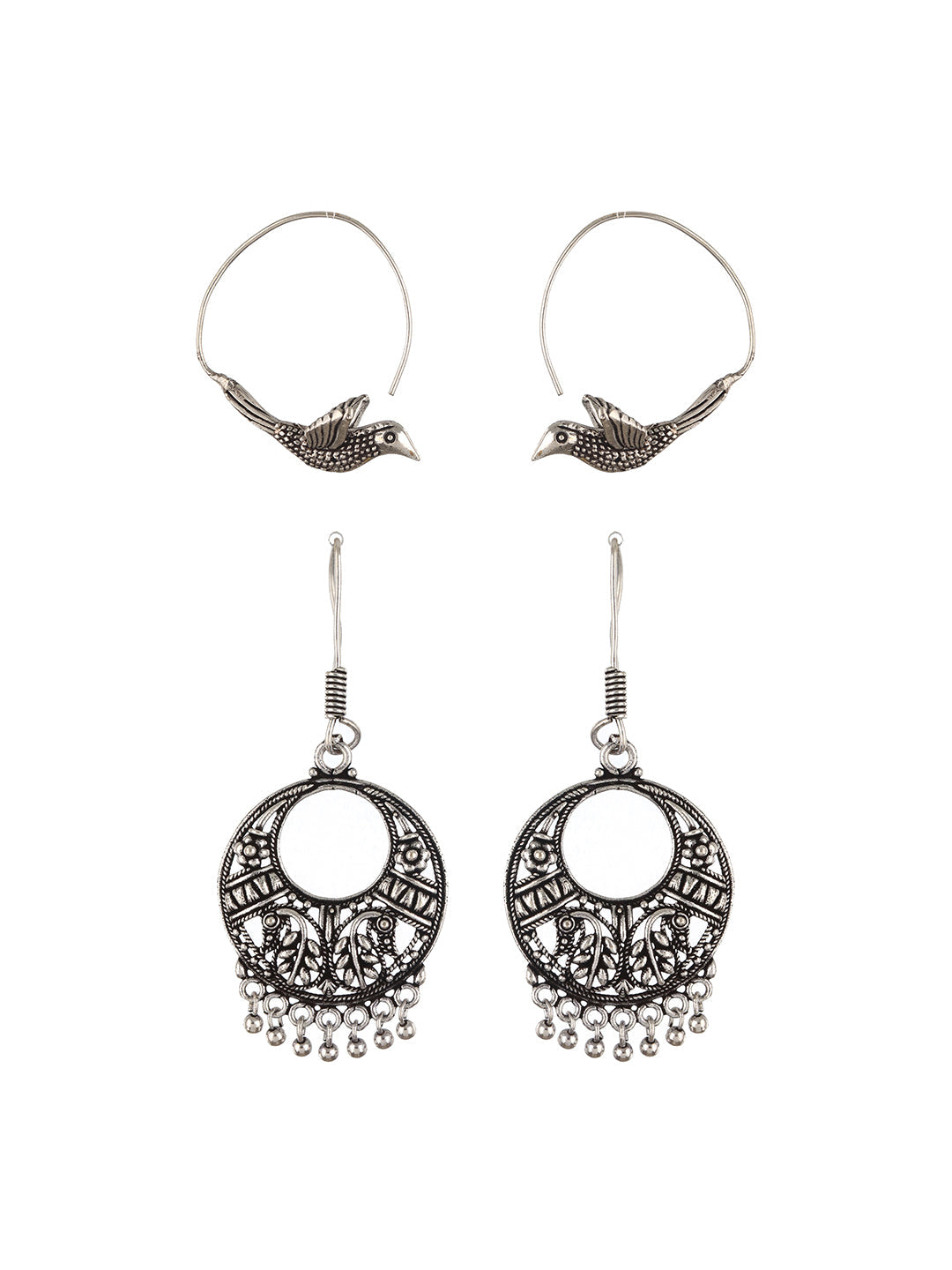 Set Of 2 Silver Plated Brid Shaped Hoop & Chandbali Earrings