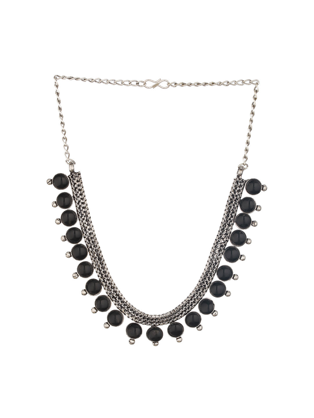 Silver Plated Black Stone Studded Oxidised Necklace