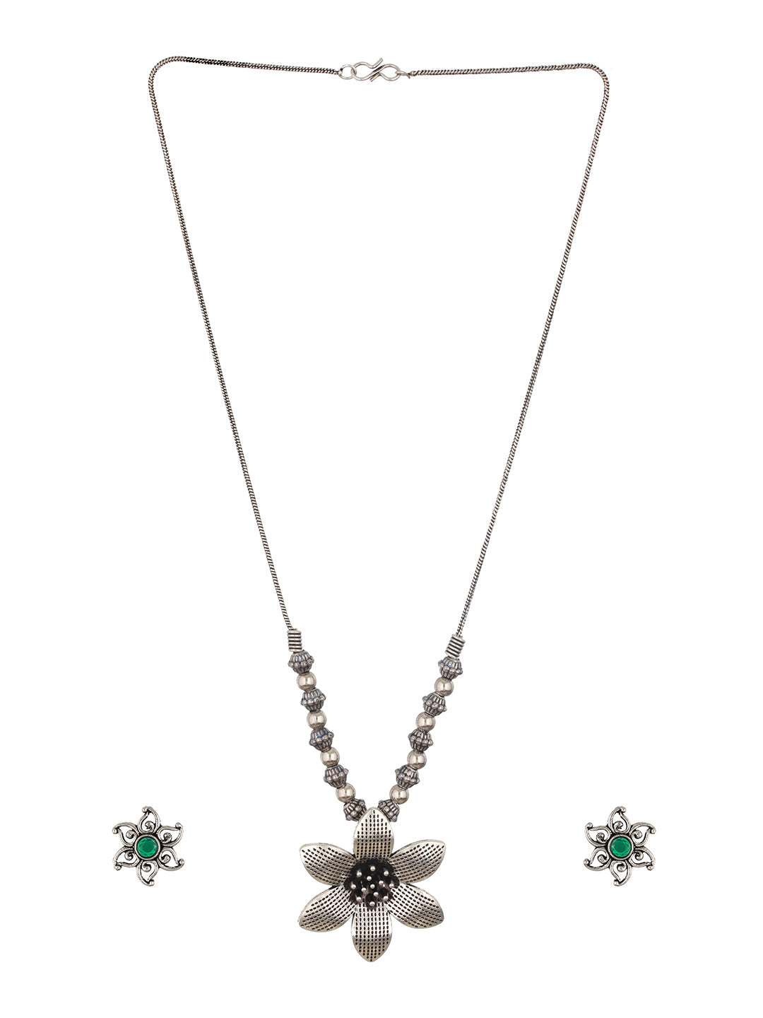 Silver-Plated Floral Shaped Oxidized Pendant & Earring Set