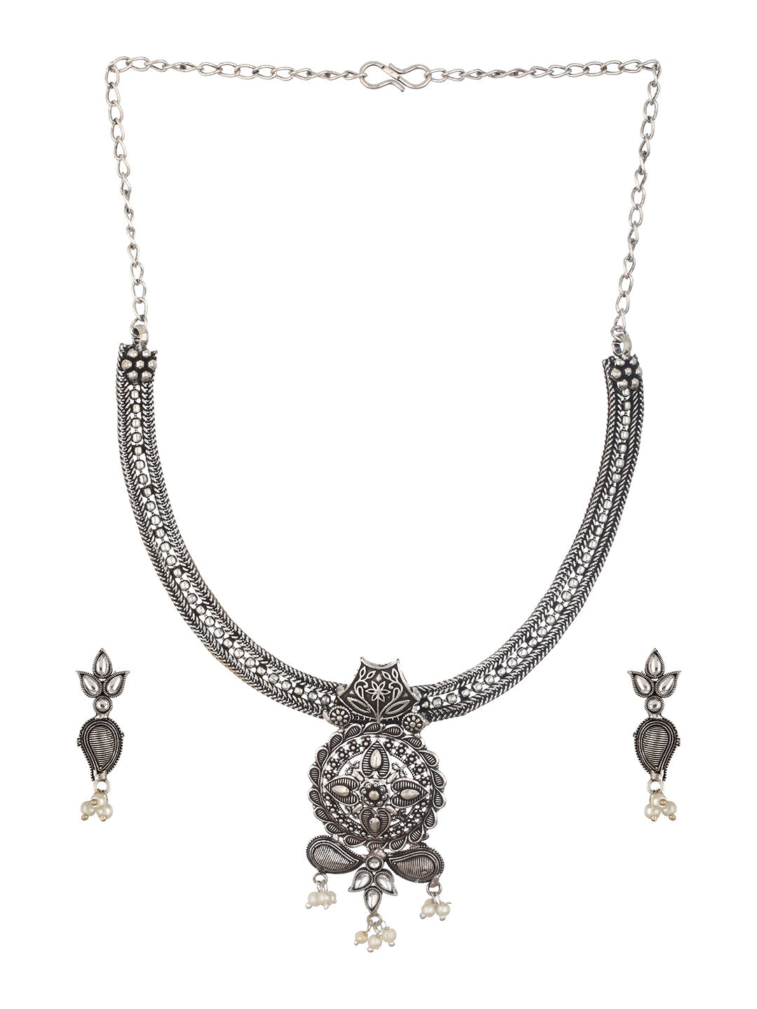 White Silver-Plated Oxidised Stone-Studded Floral Jewellery Set