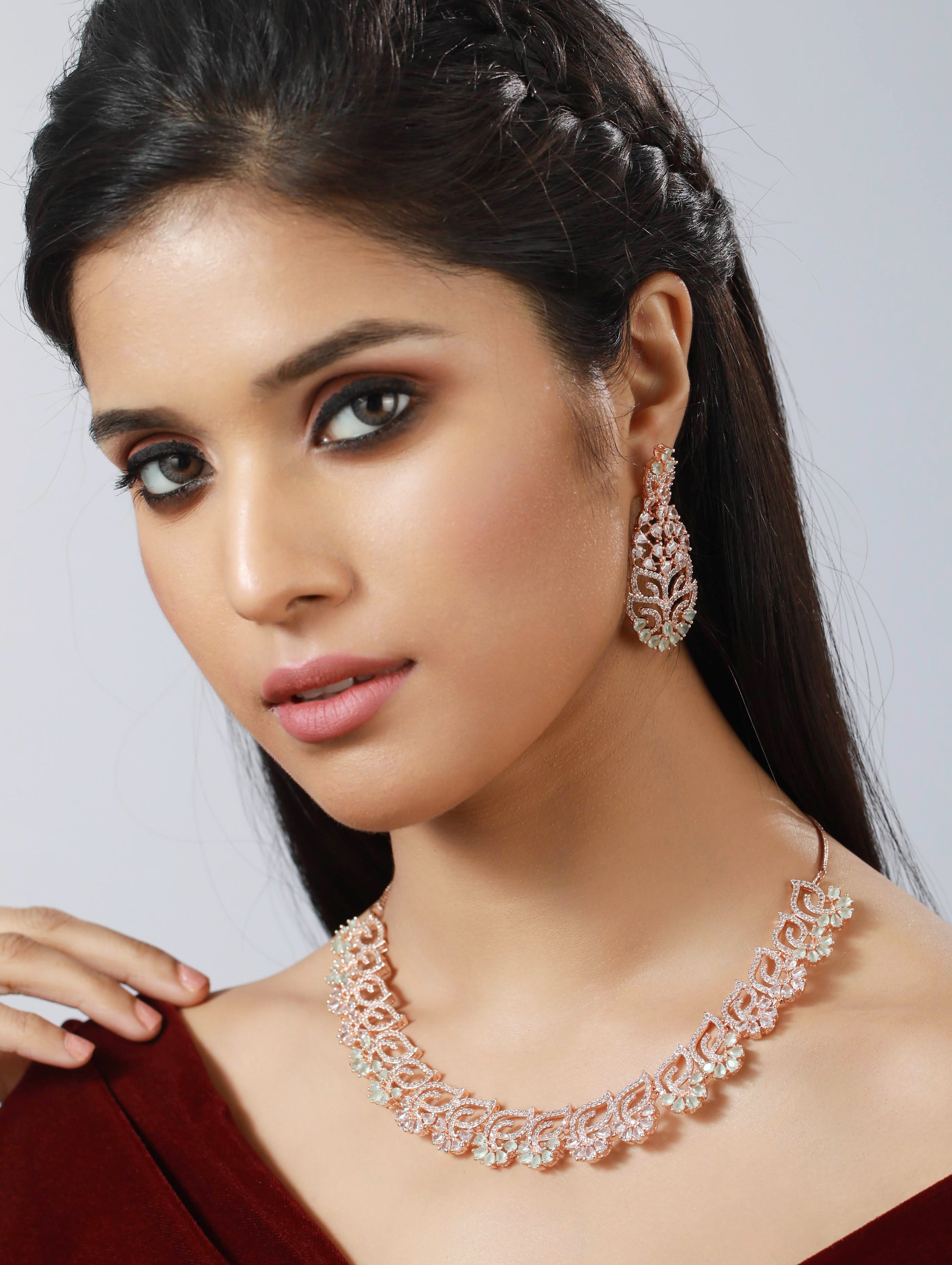 Rose Gold-Plated Mint Green & White Ad-Studded Handcrafted Jewellery Set