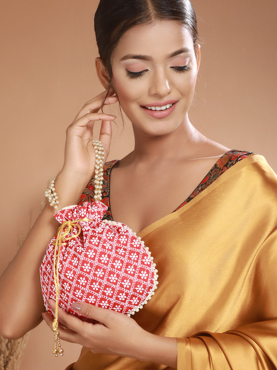 Jazz And Sizzle Red & Gold-Toned Chikan Embroidered Work Potli Clutch