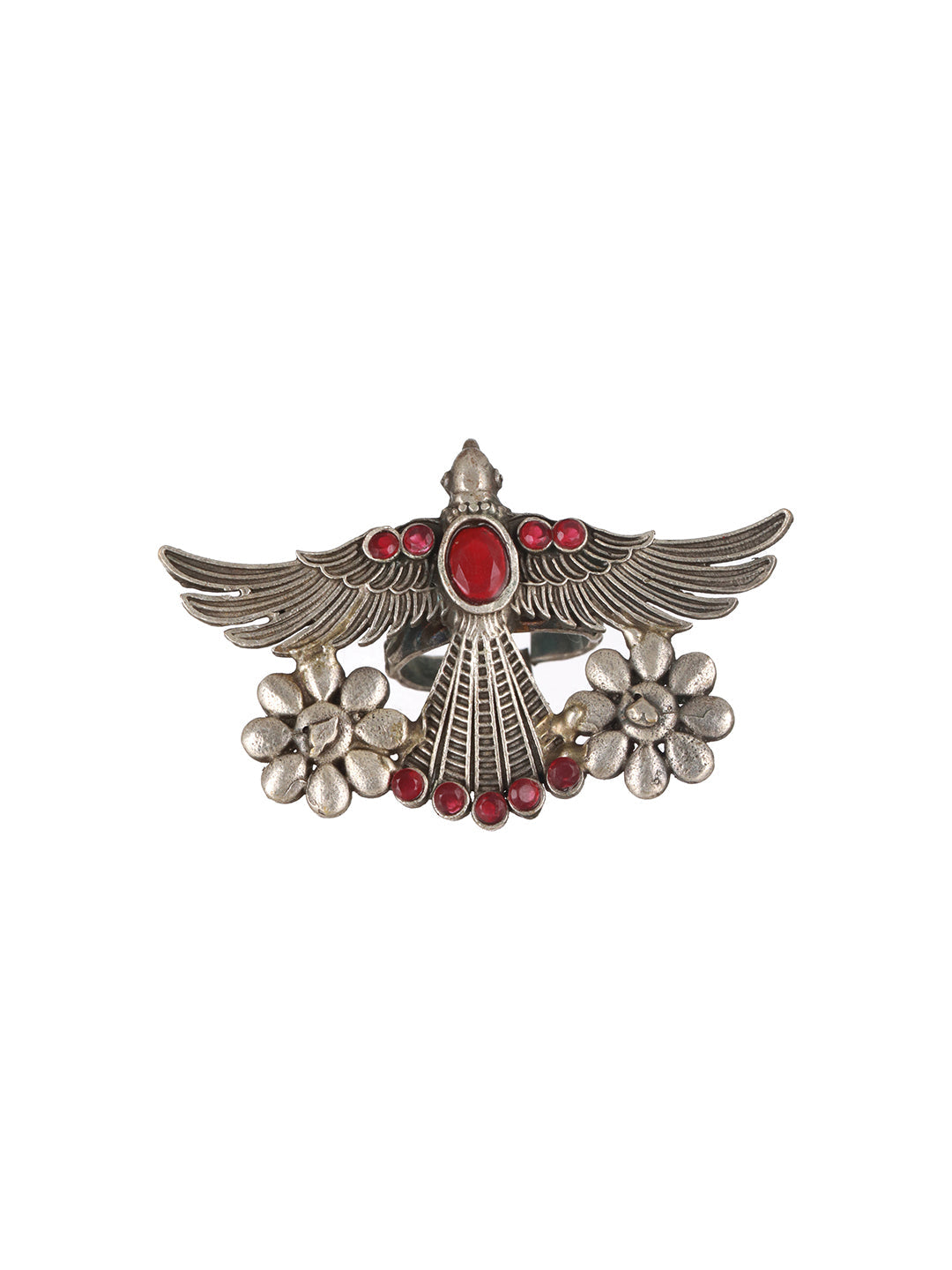 Silver Plated & Red Stone-Studded Oxidised Bird Shaped Adjustable Finger Ring
