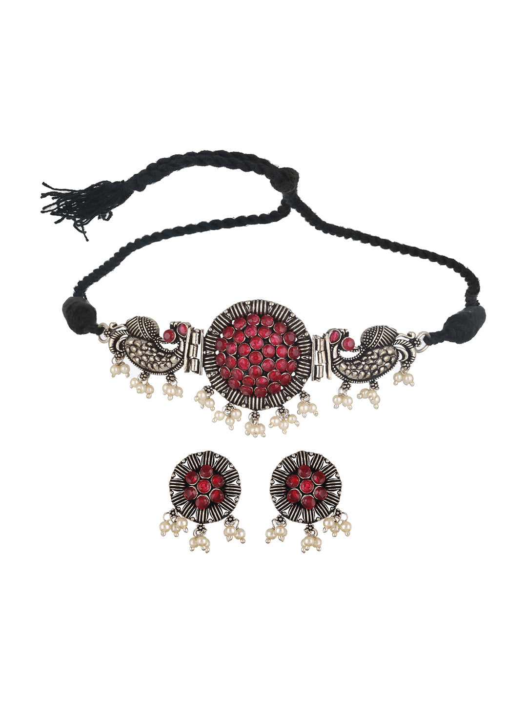 Silver Plated Red Stone Studded & Pearl Beaded Oxidised Peacock Shaped Jewellery Set