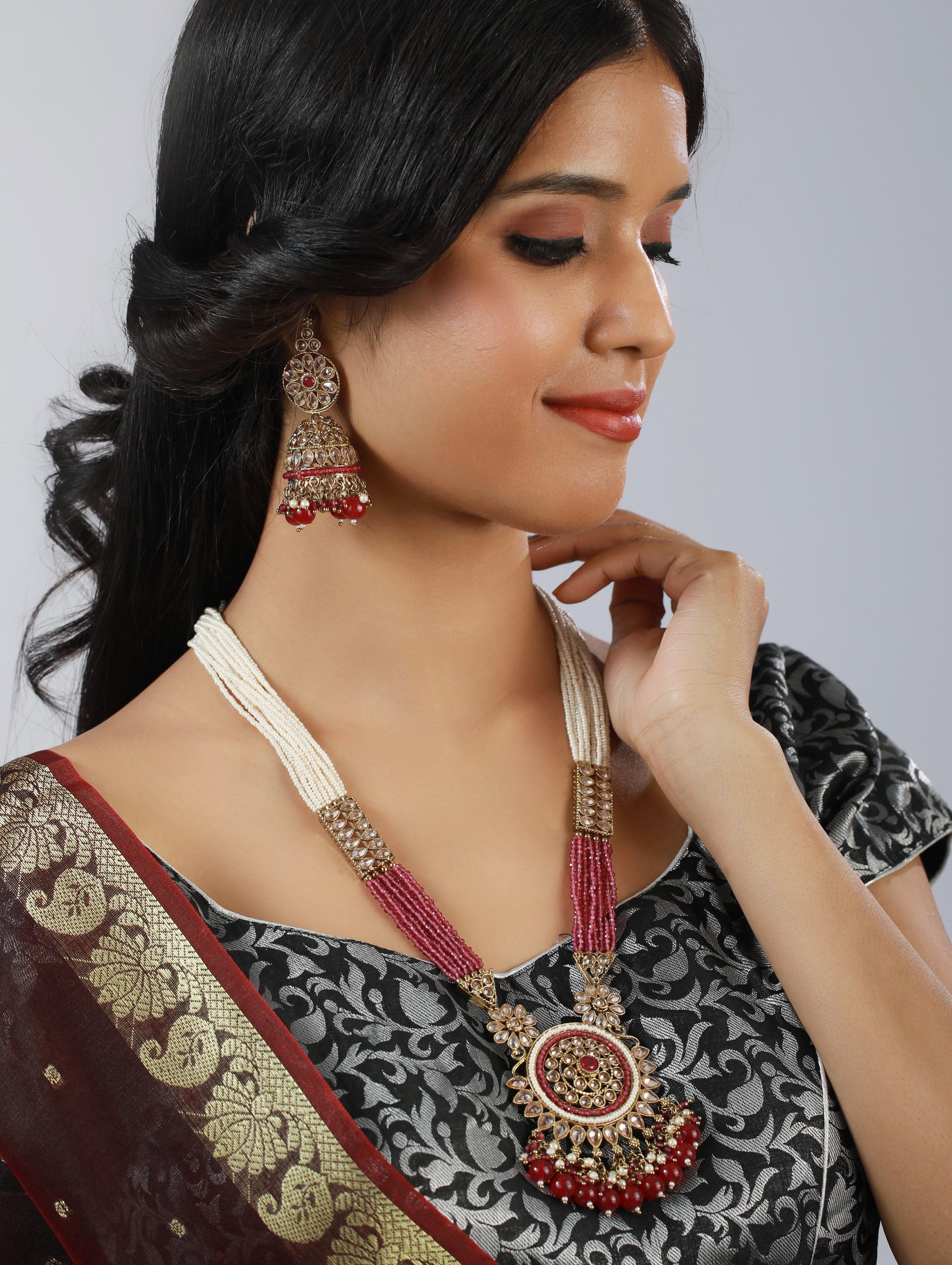 Gold Plated Putple & White Beaded Polki Rani Haar Jewellery Set