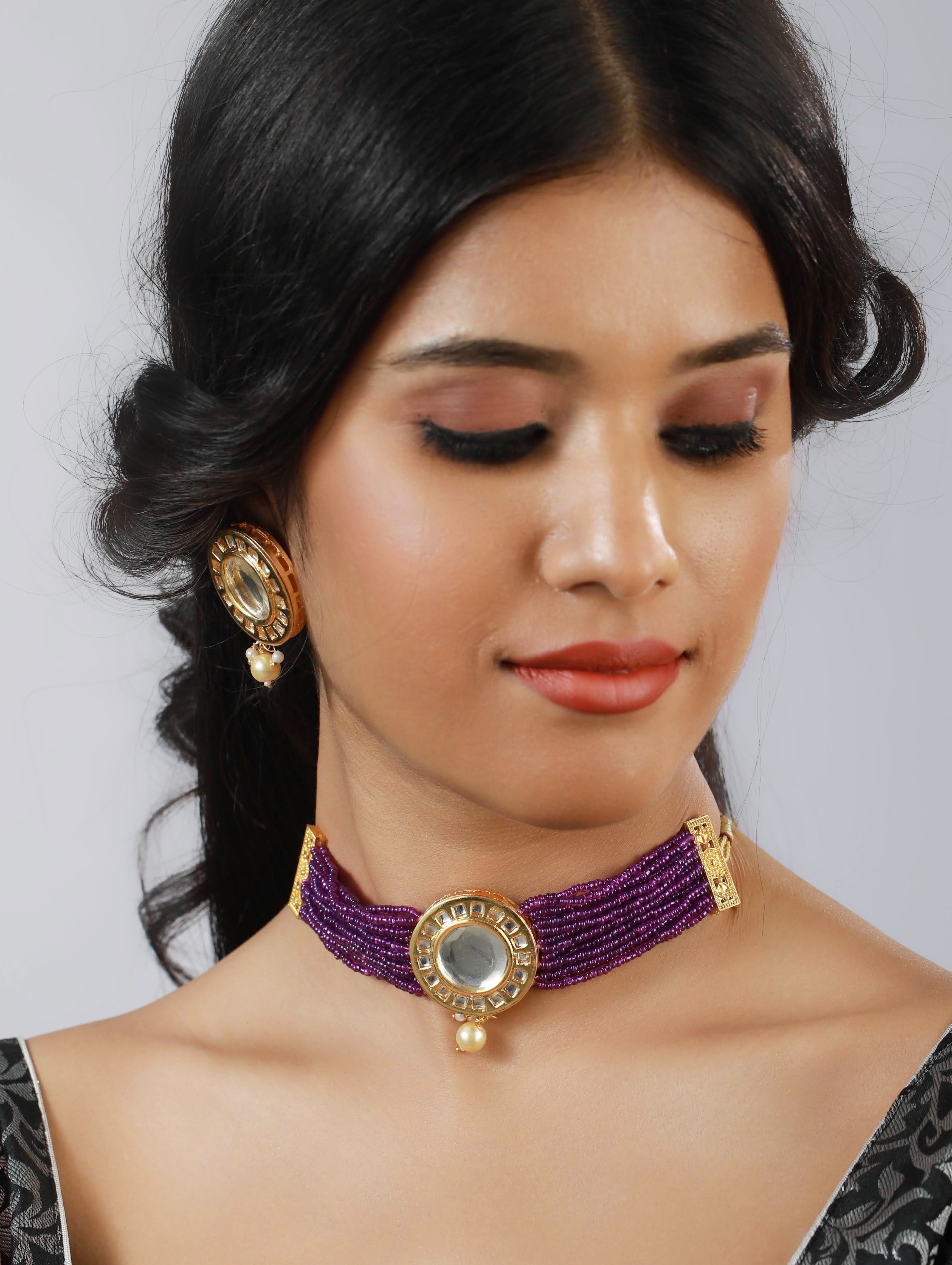 Gold Plated Round Kundan Studded & Purple Beaded Handcrafted Choker Jewellery Set