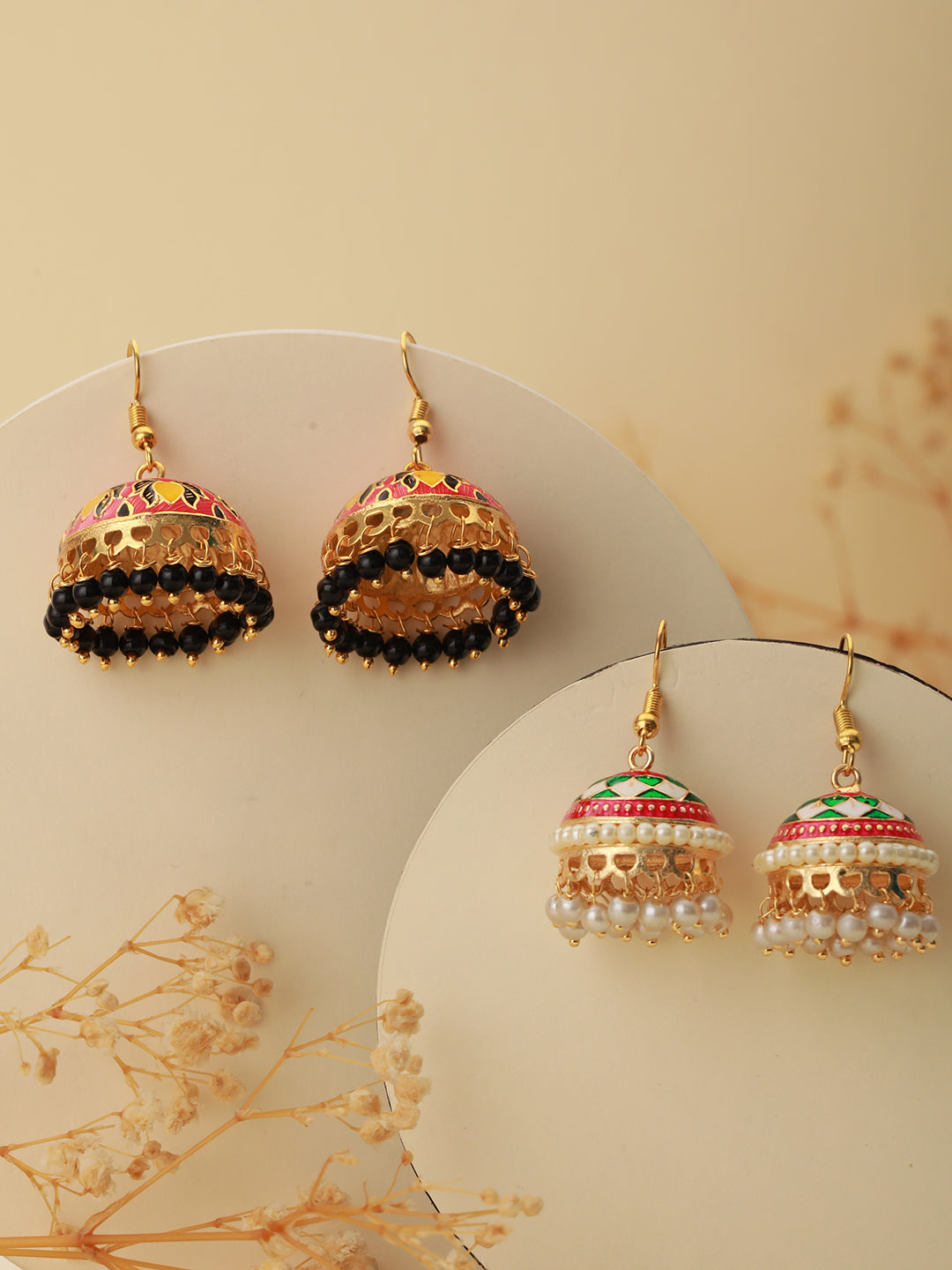Set Of 2 Pair Pink & White Gold Plated Meenakari Jhumkas Earrings