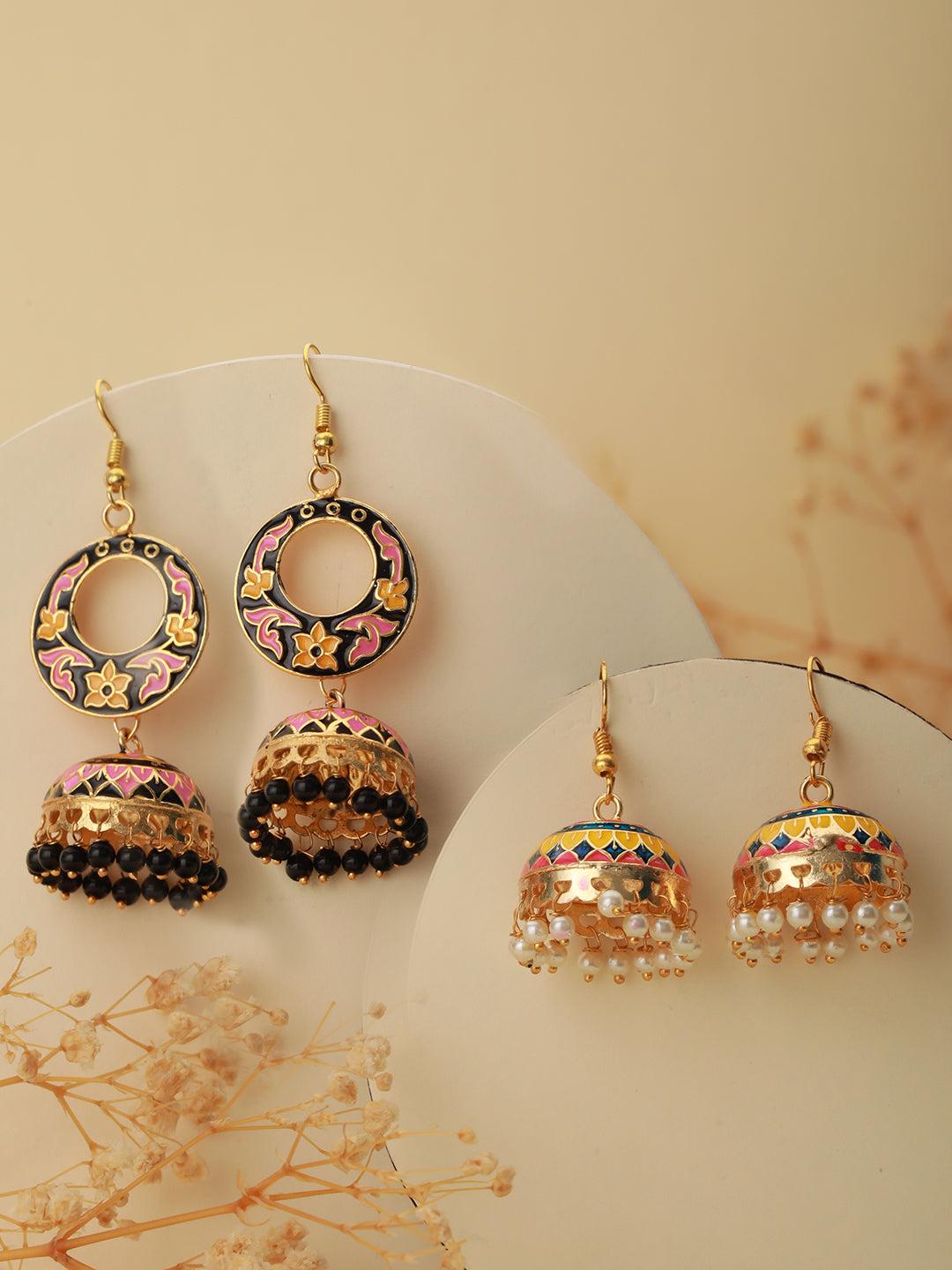 Set Of 2 Pink & Yellow Gold Plated Contemporary Meenakari Jhumkas Earrings