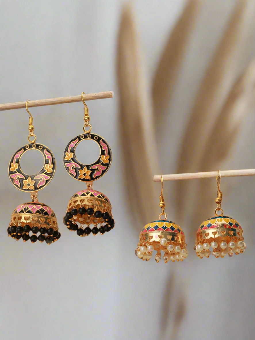 Set Of 2 Pink & Yellow Gold Plated Contemporary Meenakari Jhumkas Earrings