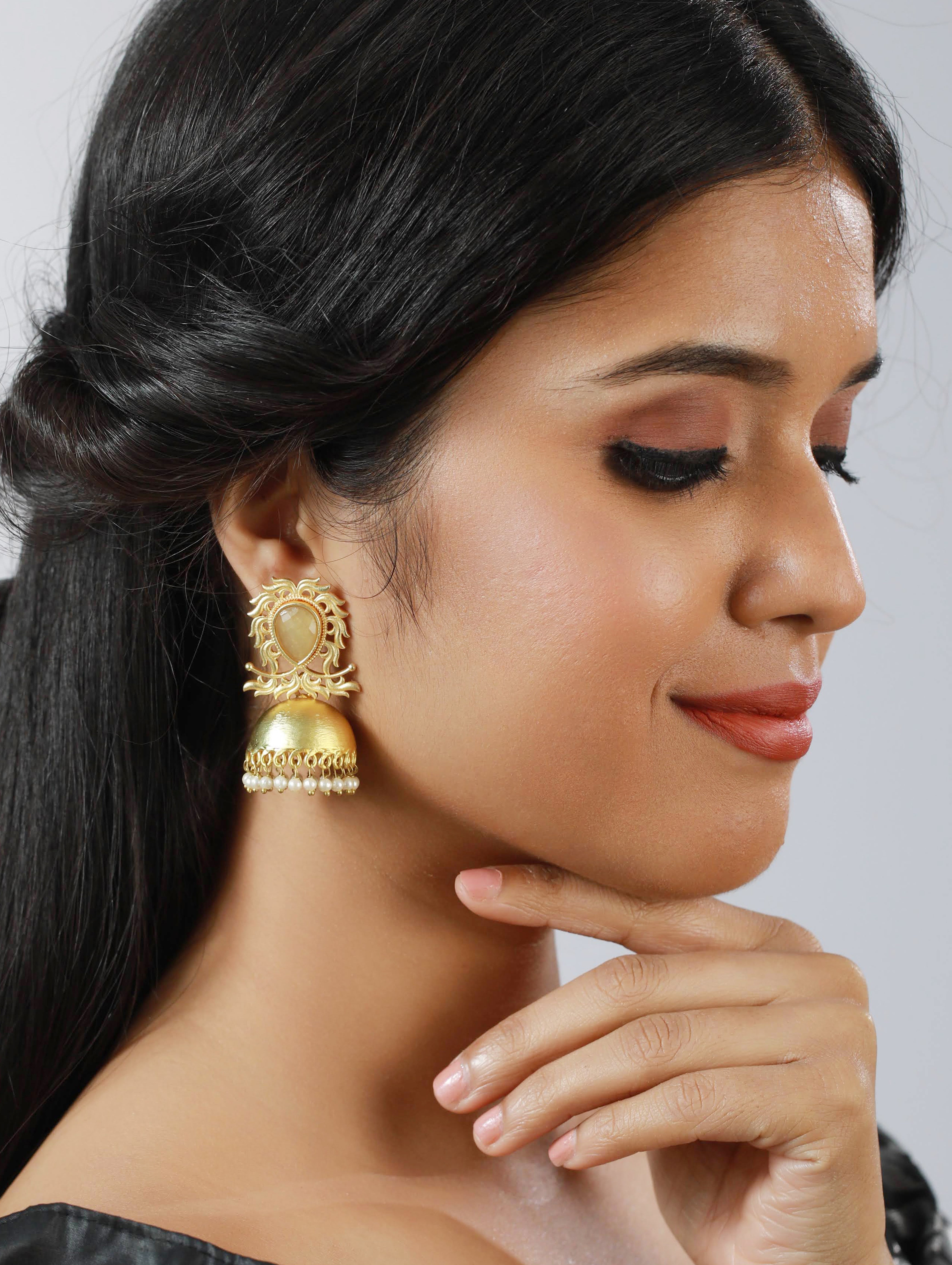 Gold-Plated & Yellow Monalisa Stone Studded Dome-Shaped White Beaded Jhumka