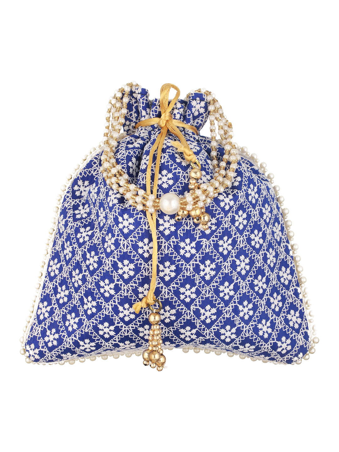 Blue & Gold-Toned Chikan Embroidered Work Potli Clutch