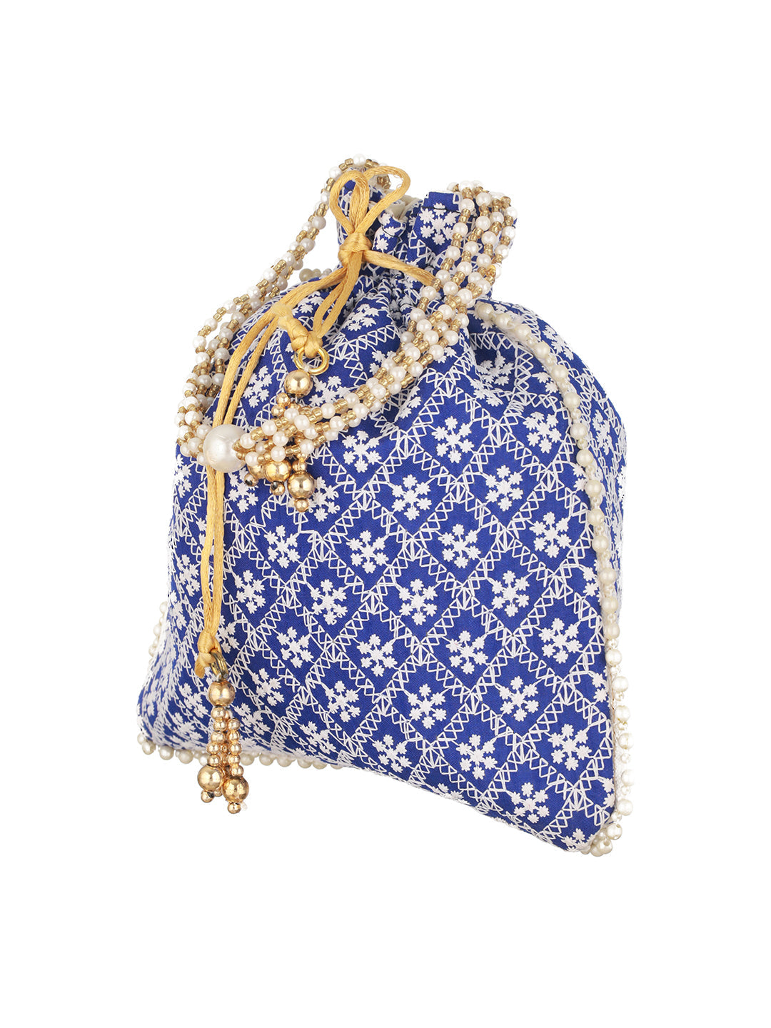 Blue & Gold-Toned Chikan Embroidered Work Potli Clutch