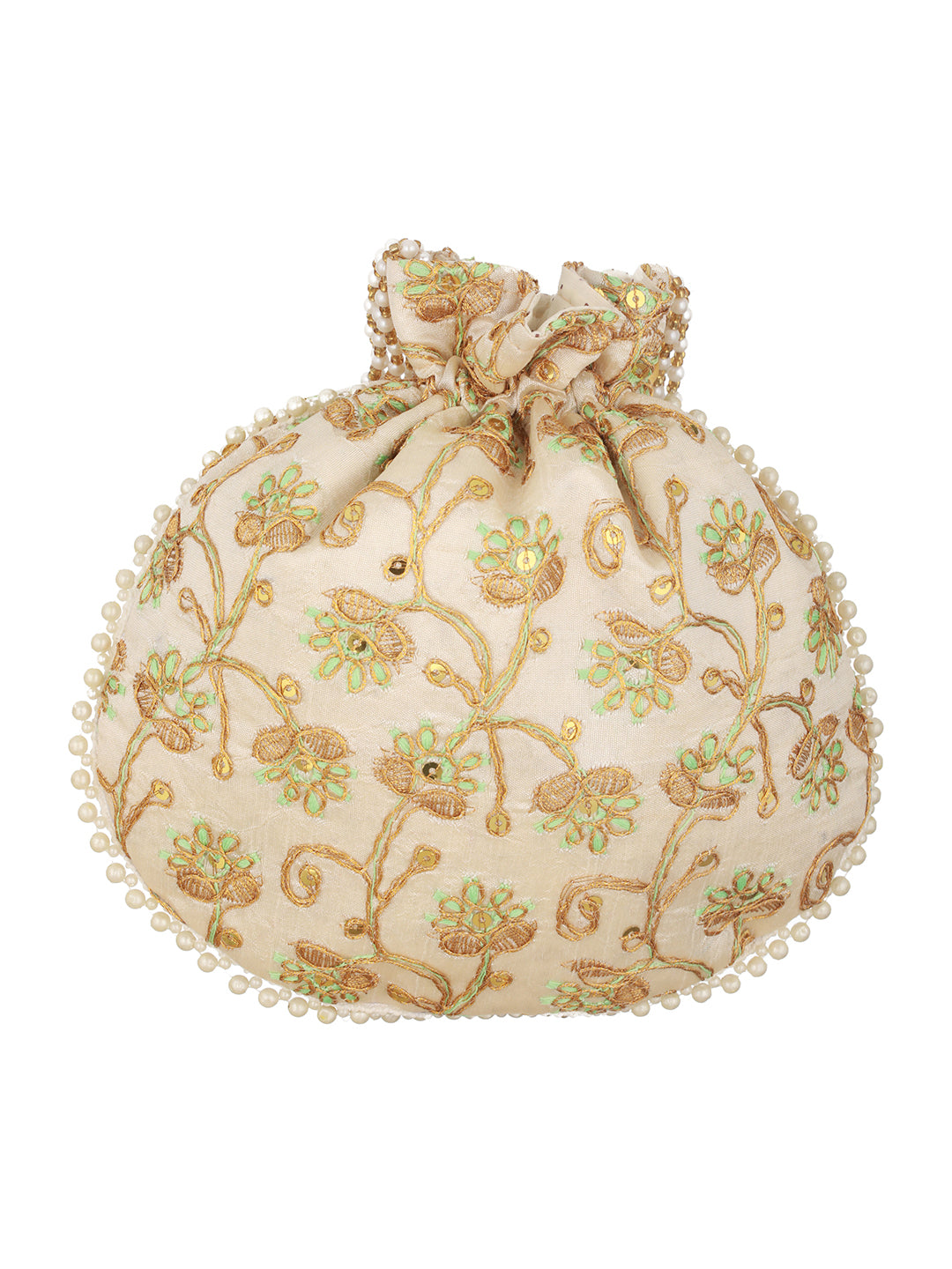 Green & Gold-Toned With Rich Embroidered Potli Clutch