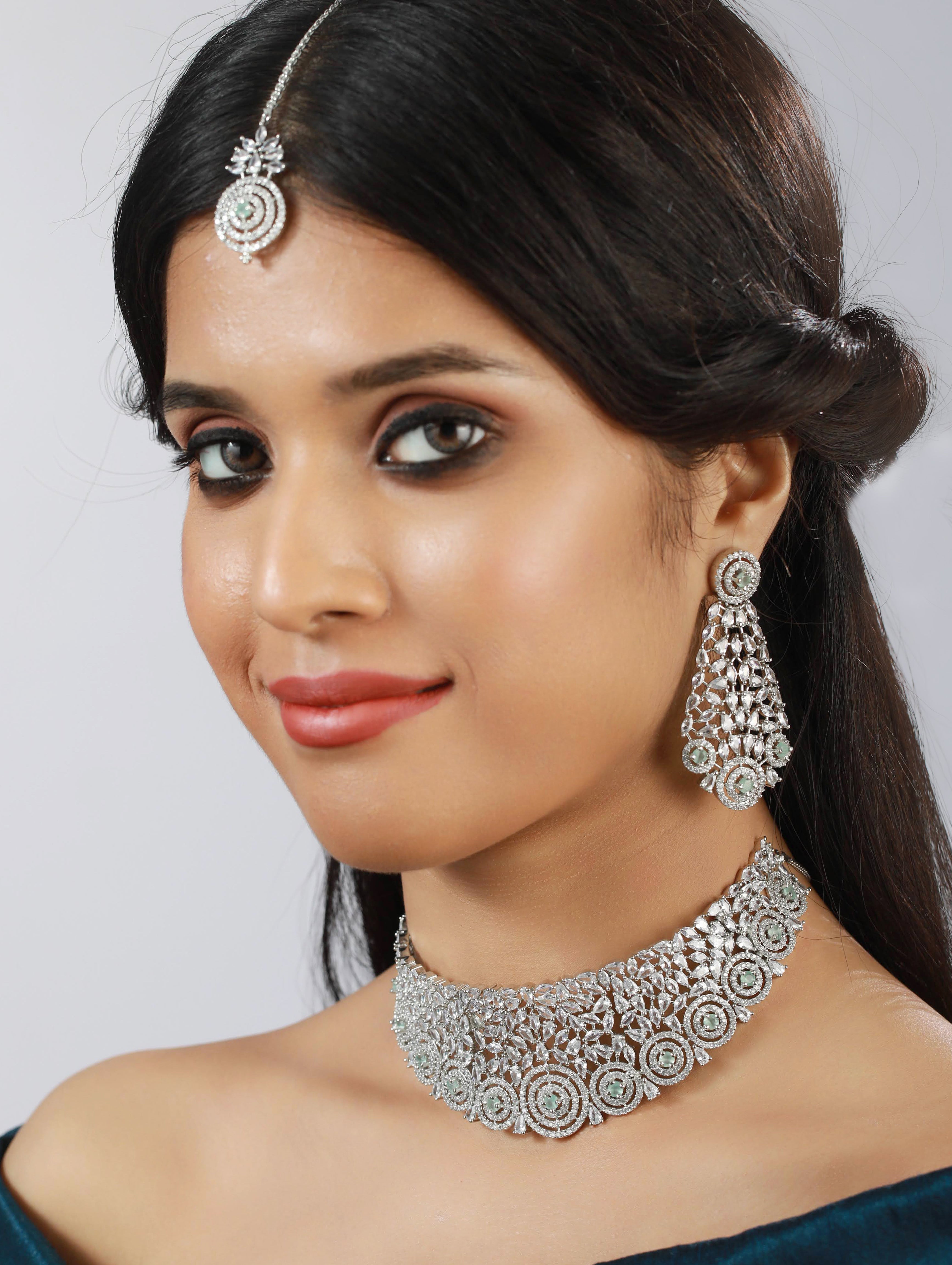 Silver Plated Pastel Green Studded American Diamond Handcrafted Necklace Set.