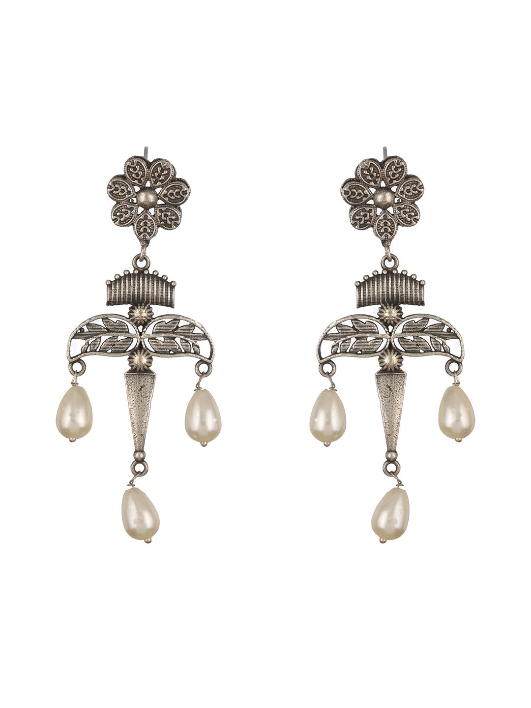 Silver Plated Floral Shaped Contemporary Pearl Drop Earrings