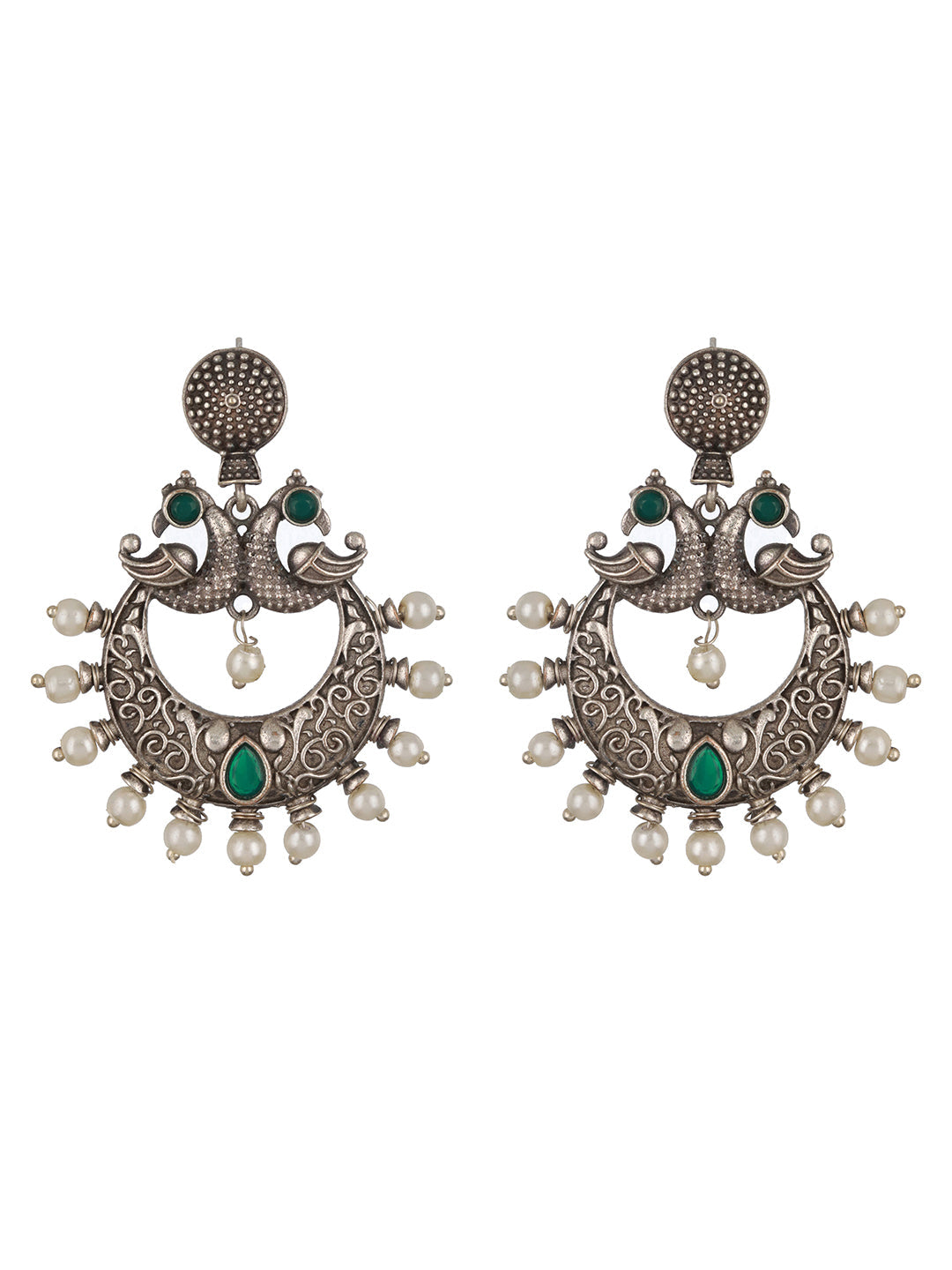 Oxidized Silver-Toned Green Stone Studded & Pearl Dome Shaped Chandbalis