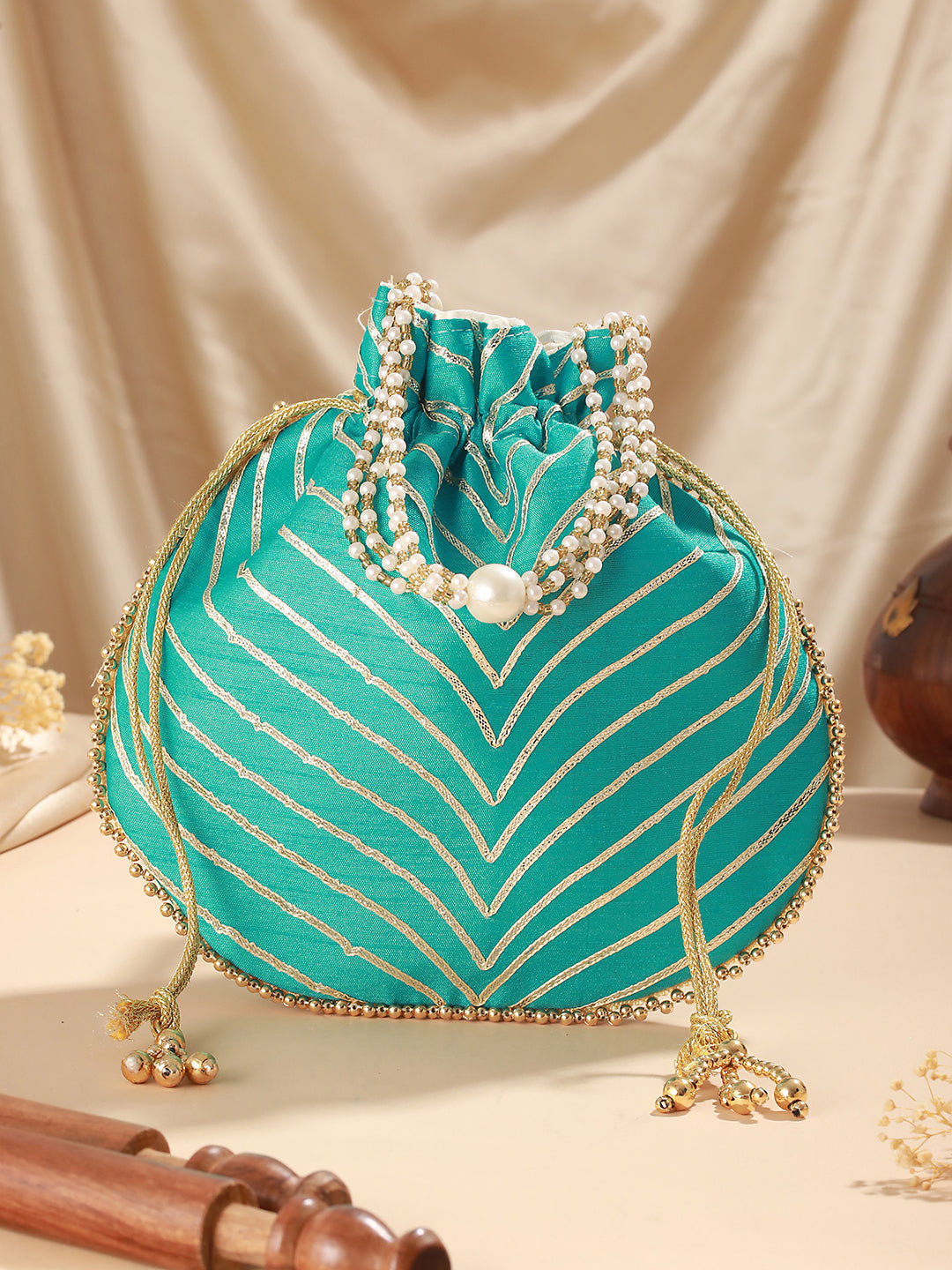 Sky Blue & Gold Embellished Potli Clutch