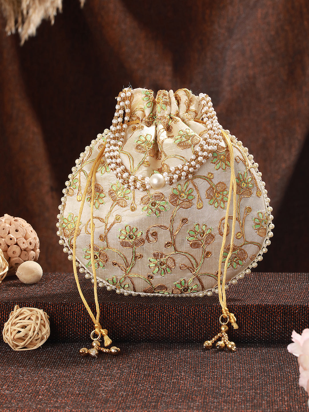 Green & Gold-Toned With Rich Embroidered Potli Clutch
