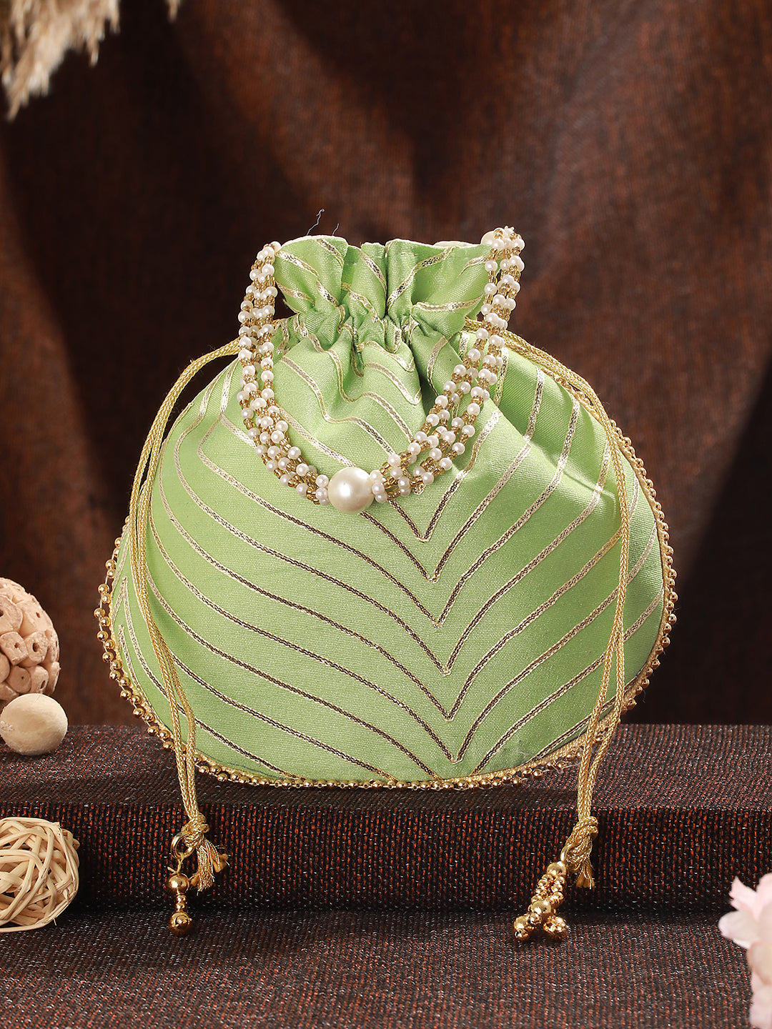 Parrot Green & Gold Embellished Potli Clutch