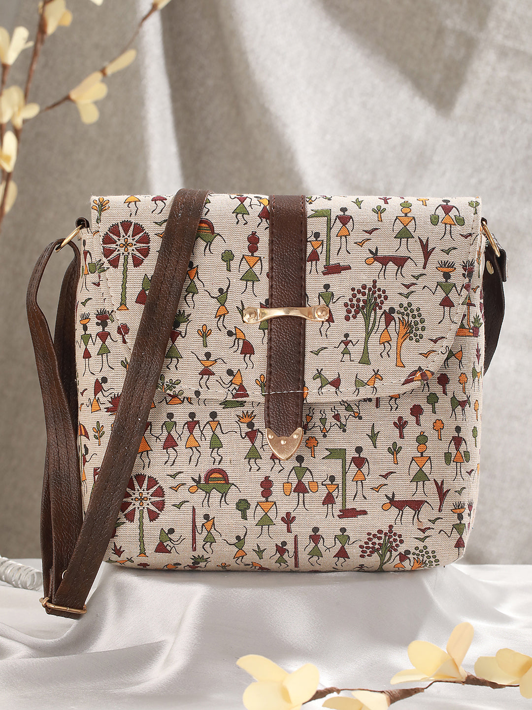 White & Brown Printed Sling Bag