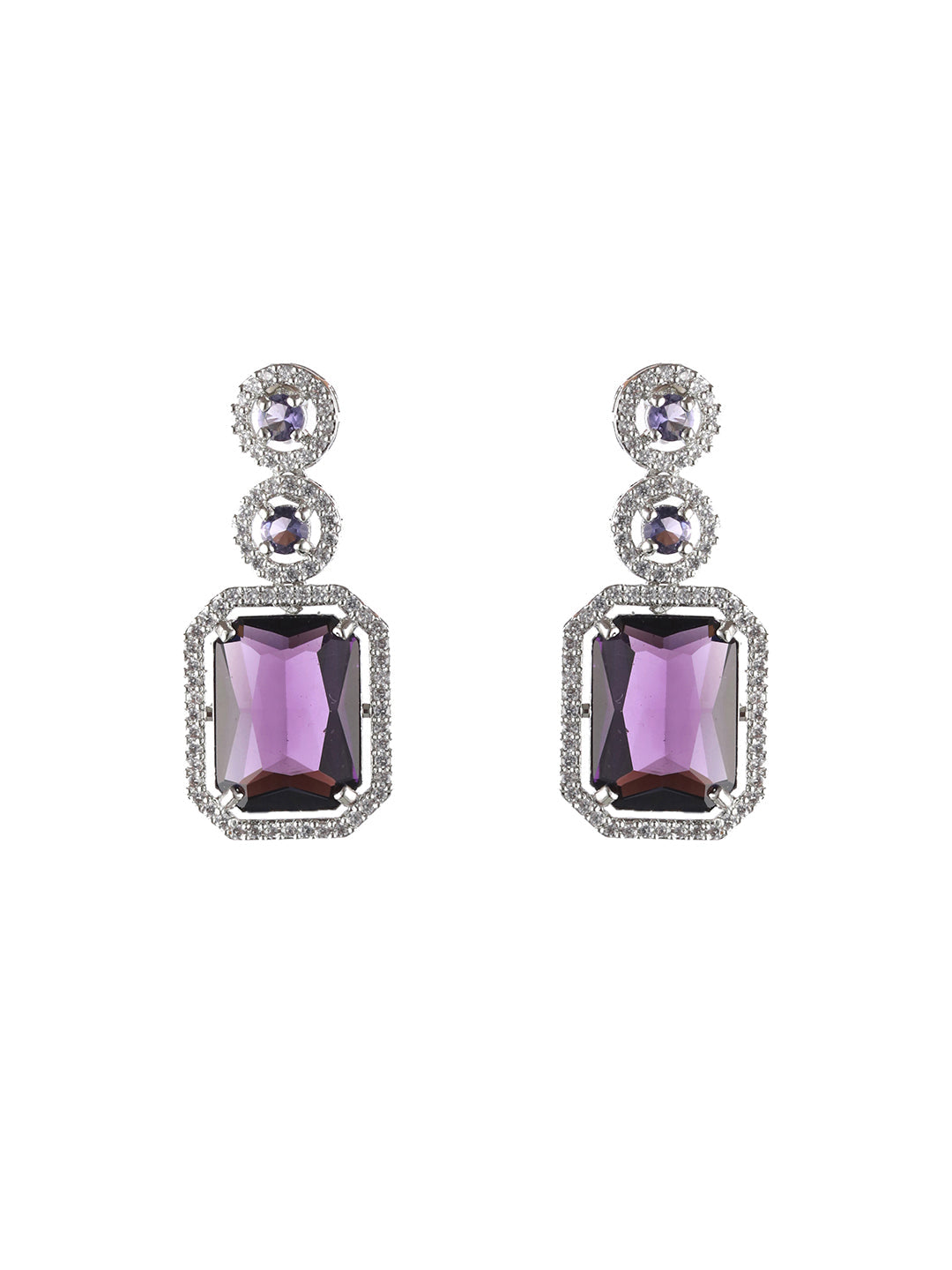 Silver Plated Purple American Diamond Studded Drop Earrings