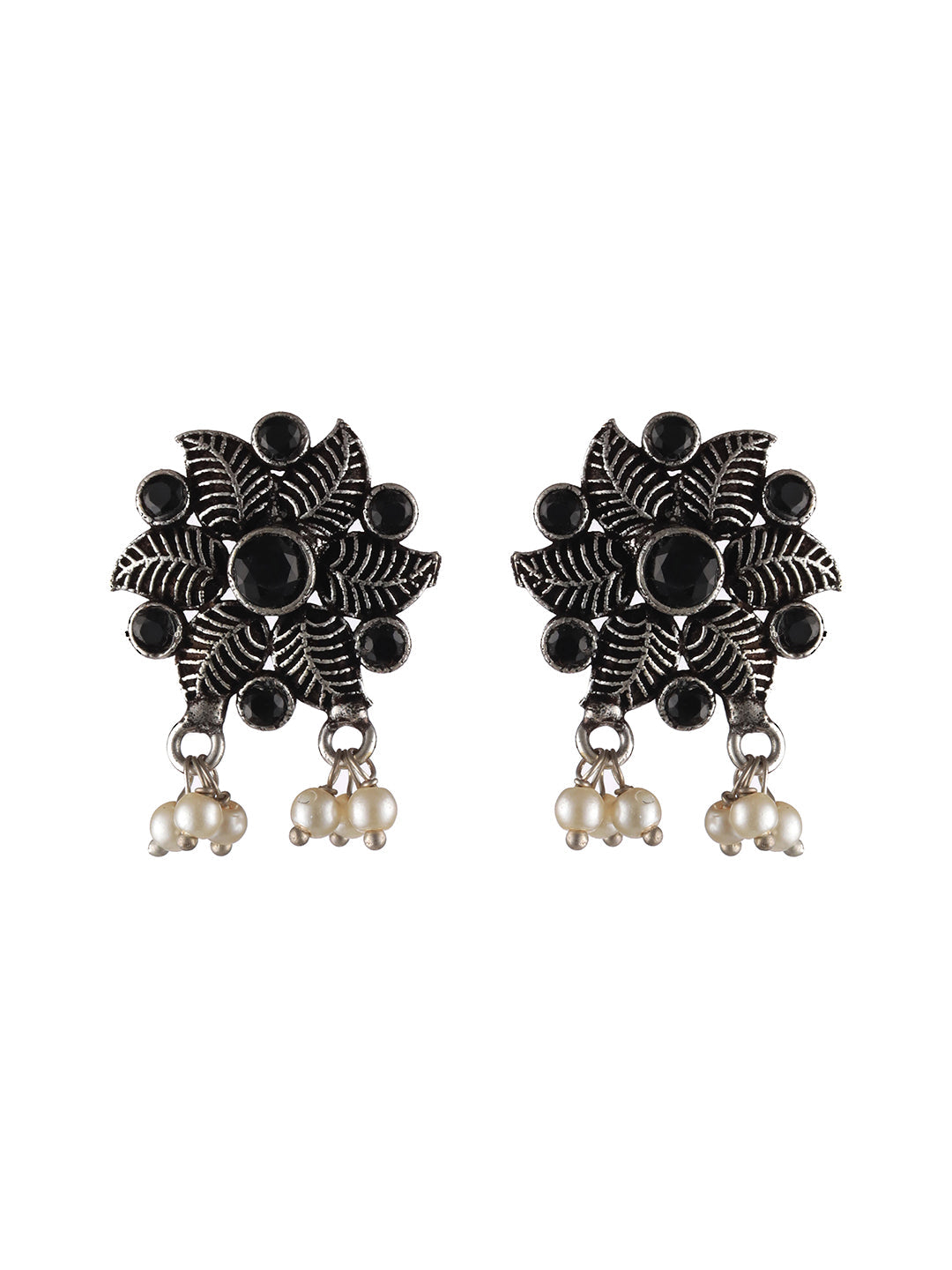 Oxidised Silver-Tone Black Stone Studded & Pearl Beaded Floral Jewellery Set