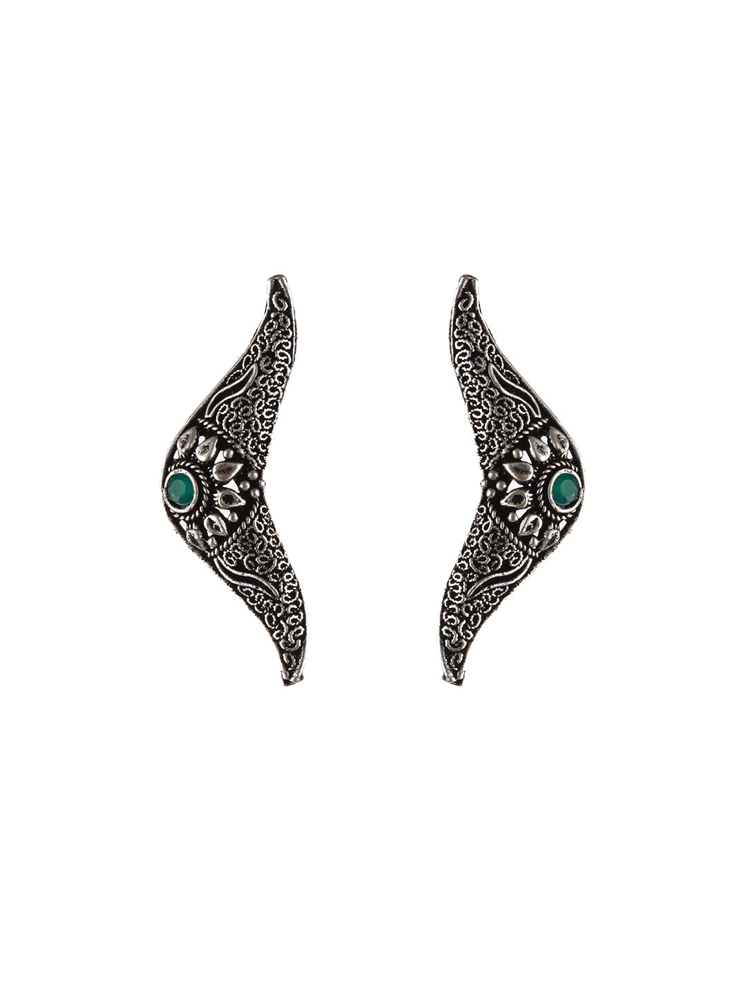 Oxidised Silver-Tone Green Stone Studded Filgree Jewellery Set