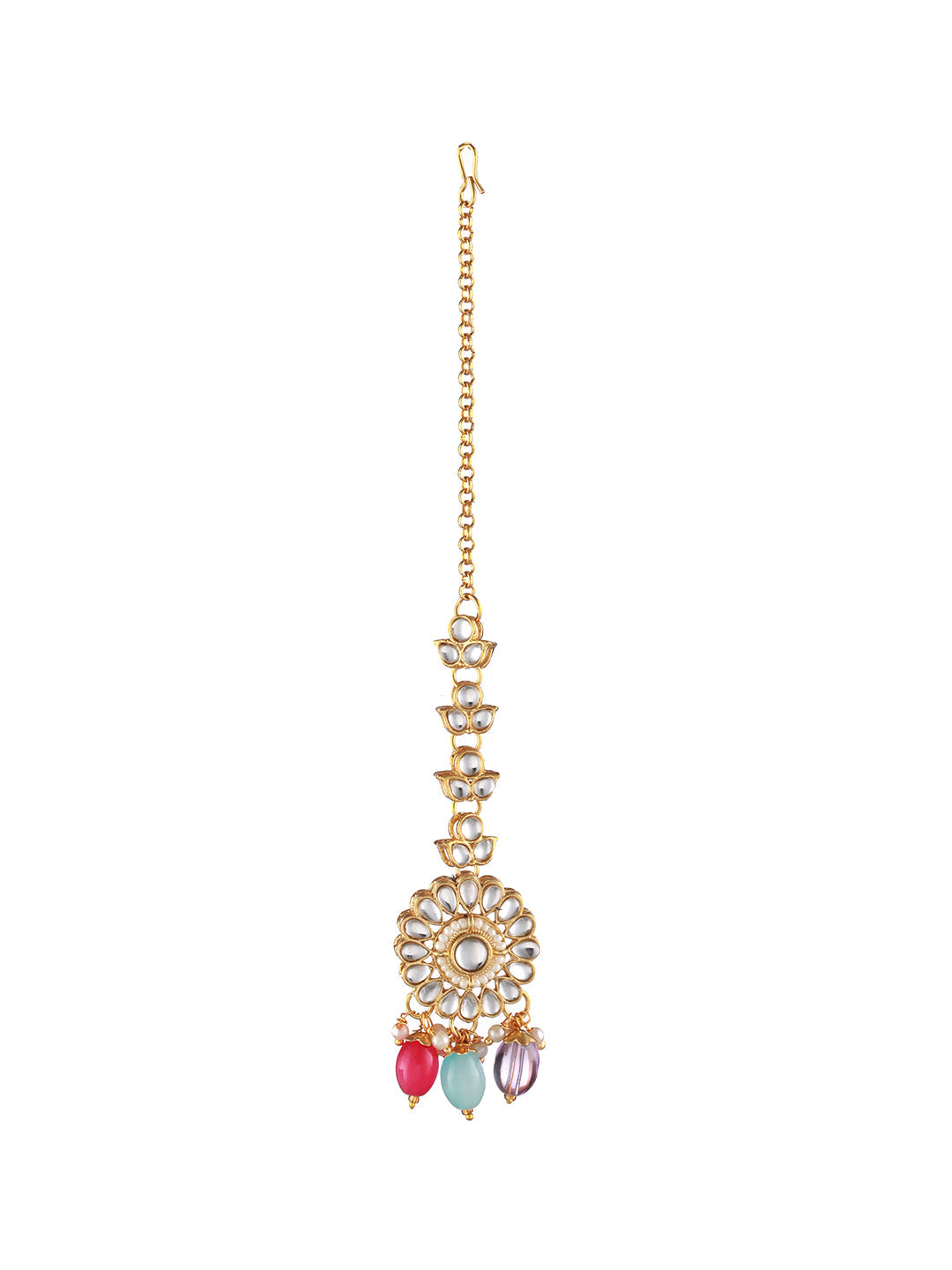 Gold-Plated Multicolored Kundan Studded & Pearl Beaded Choker Jewellery Set With Maangtikka