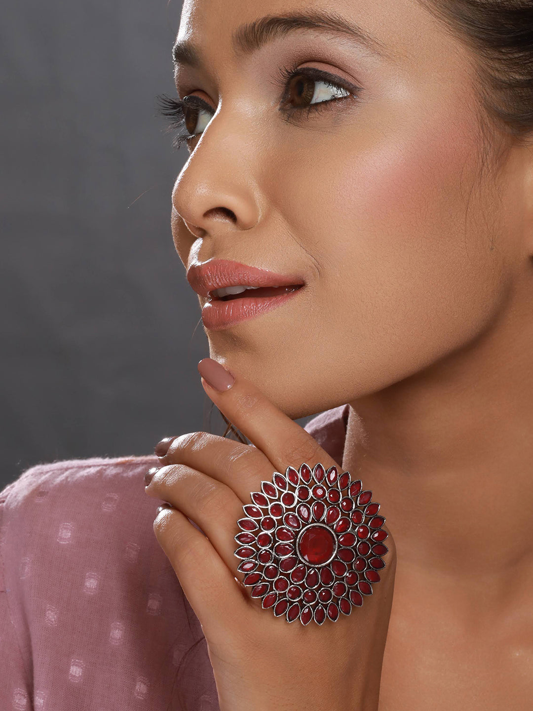 Silver-Plated Red Stone Studded Flower Shaped Adjustable Finger Ring