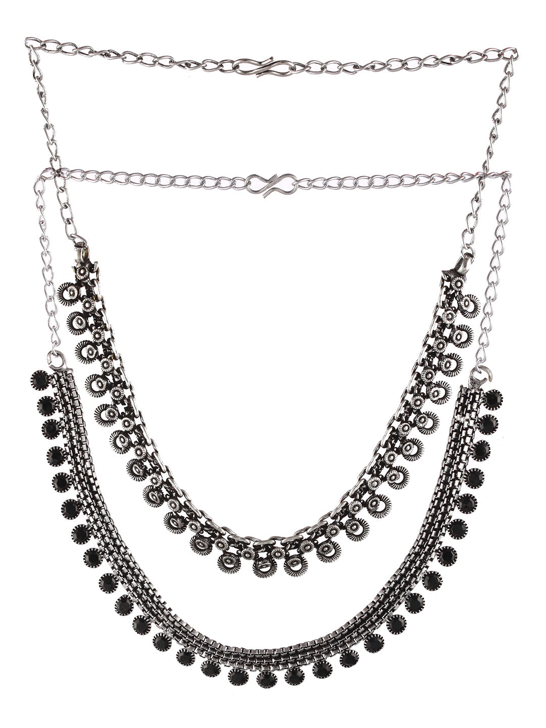 Set Of 2 Silver-Plated Black Artificial Stone Studded Necklace